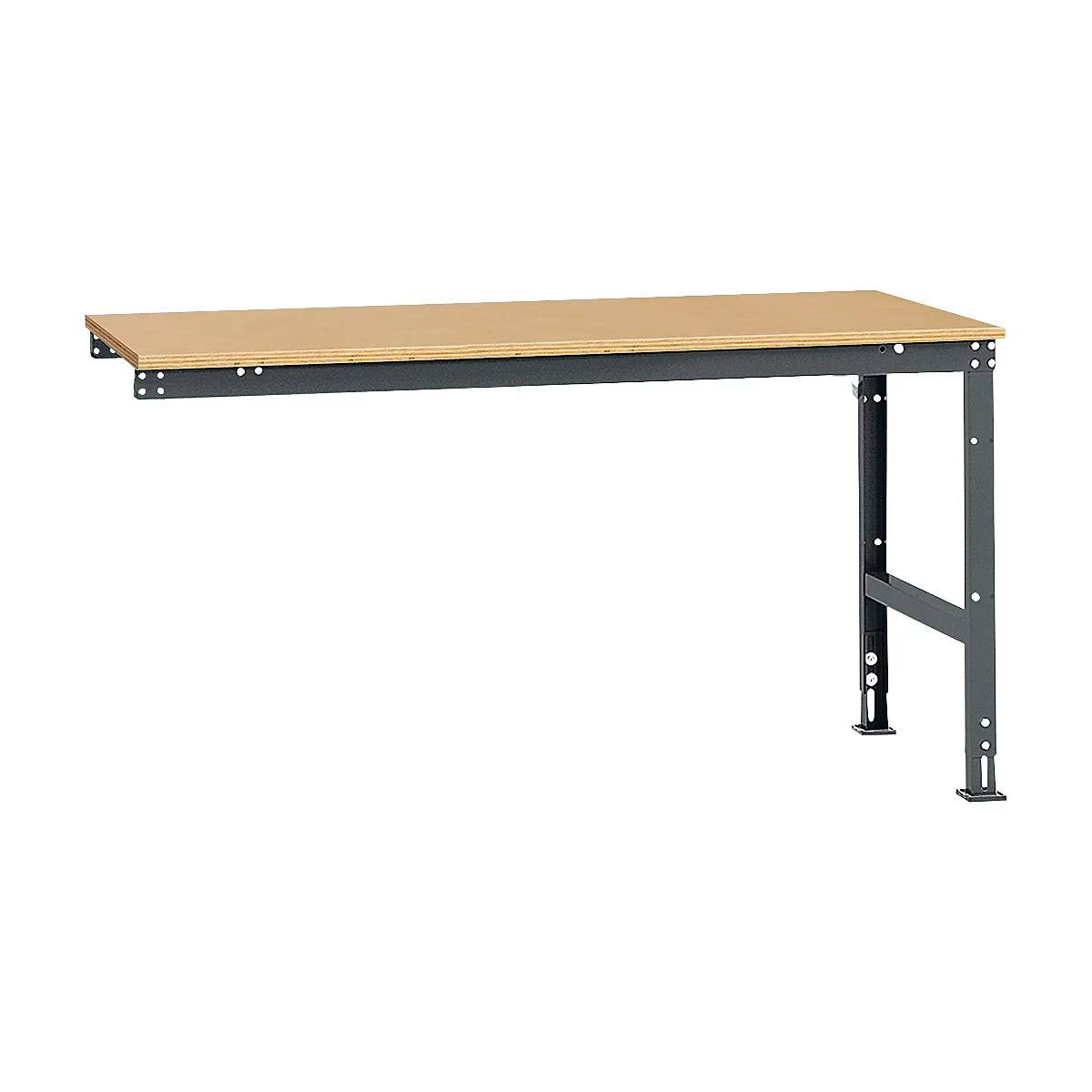Workbench with a wooden top and gray steel frame. The table is attached to the wall.