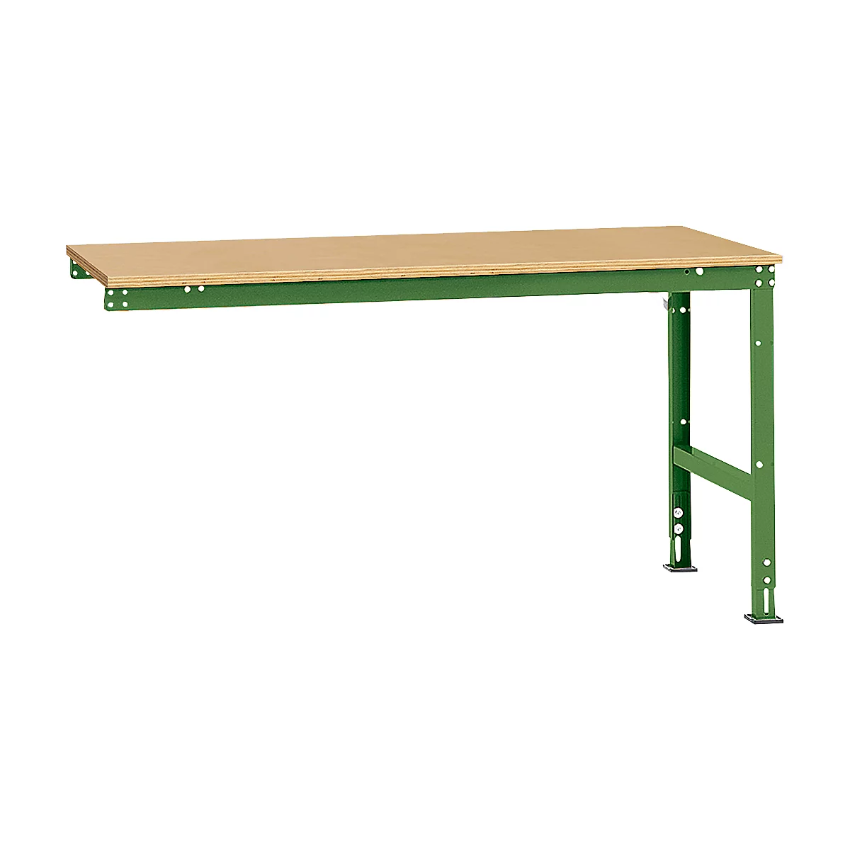Workbench with light brown wooden top and green metal frame, on a white background.
