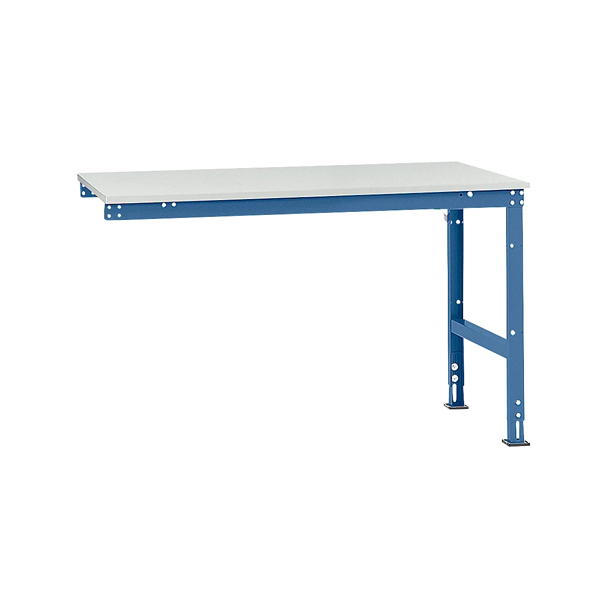 A blue workbench table with a gray worktop. It has two legs and is fixed to the wall.