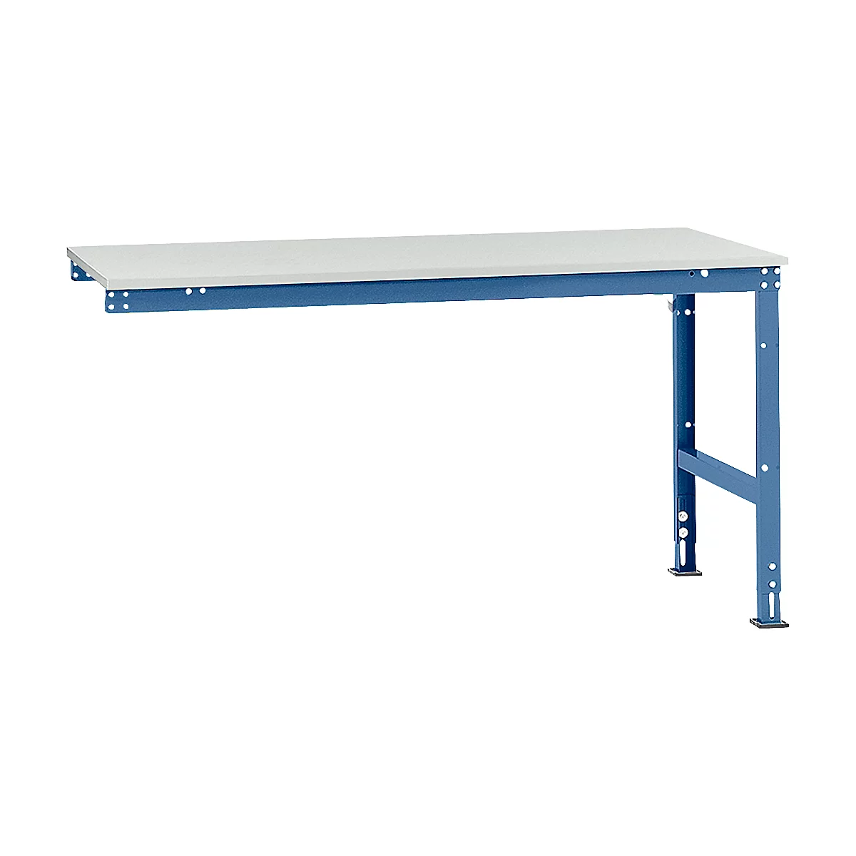 Workbench with white surface and blue frame. It stands freely in the room, the background is white.