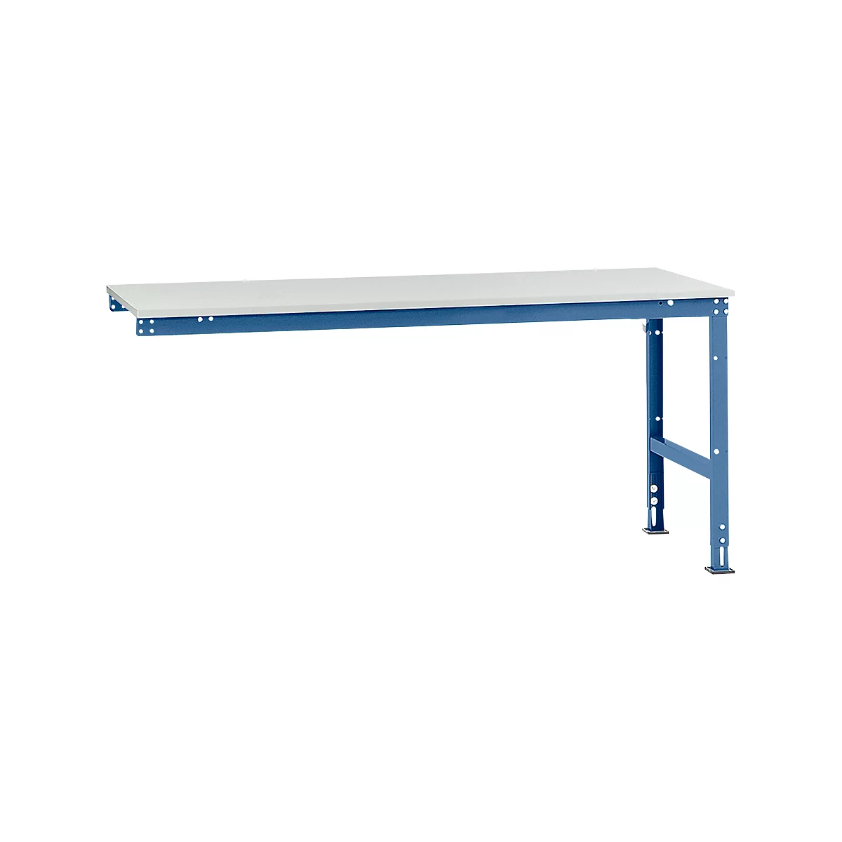 Blue workbench frame with white worktop. The table legs stand on the floor.