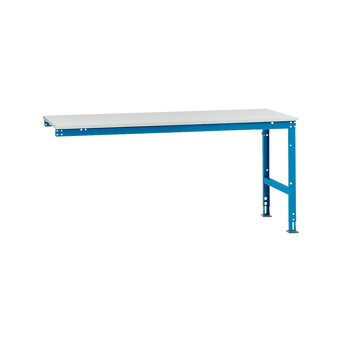 A blue workbench with a white tabletop against a white background.