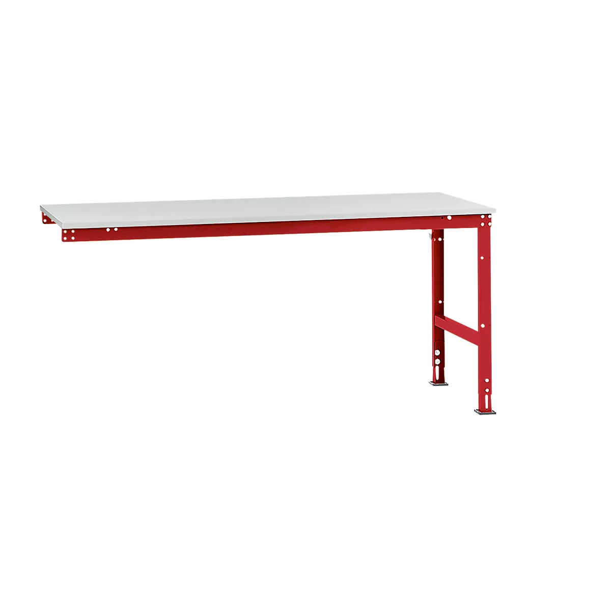 A red workbench table with a white tabletop. It has four legs and is mounted on a wall on one side.