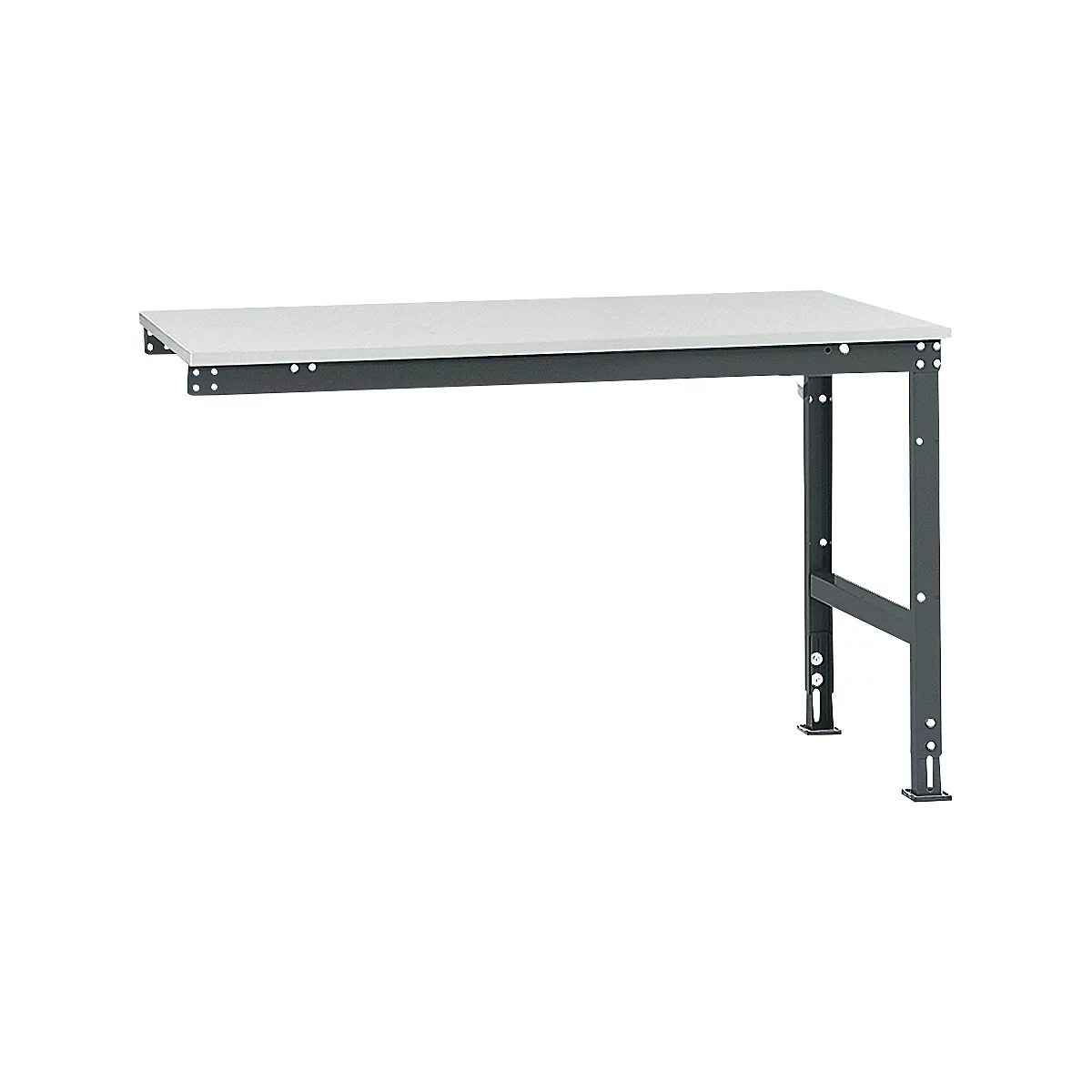 Gray workbench with metal frame and light gray tabletop against a white background.