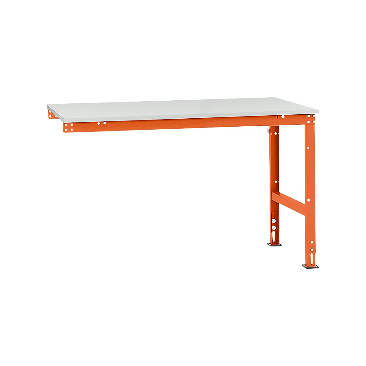 An orange workshop table with a light gray tabletop, attached to a wall.