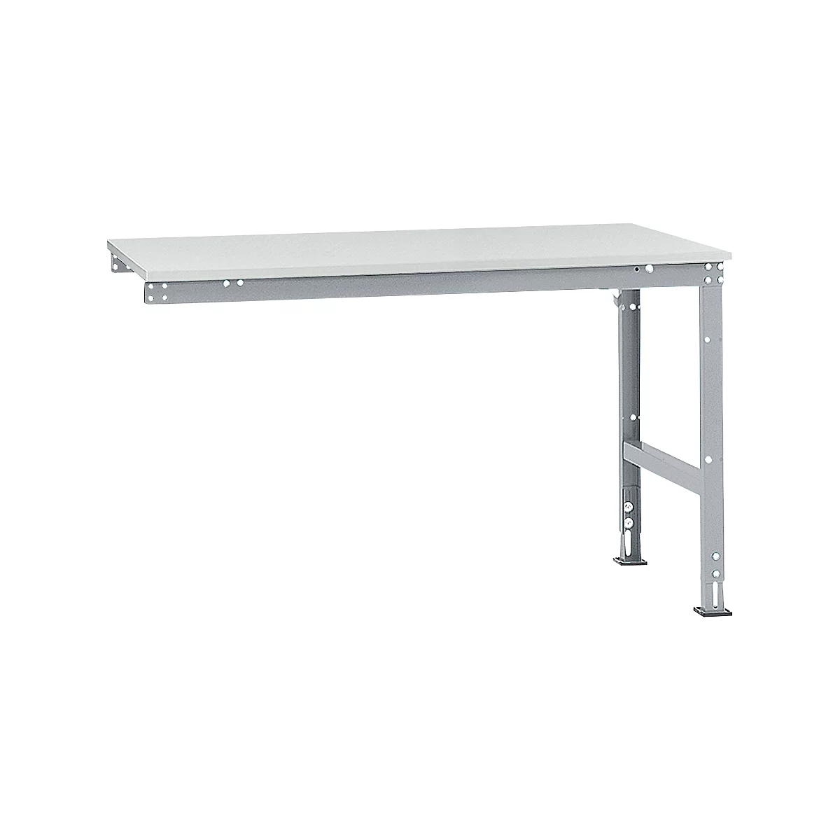 A white table with gray metal legs attached to the wall. The table has a rectangular shape.