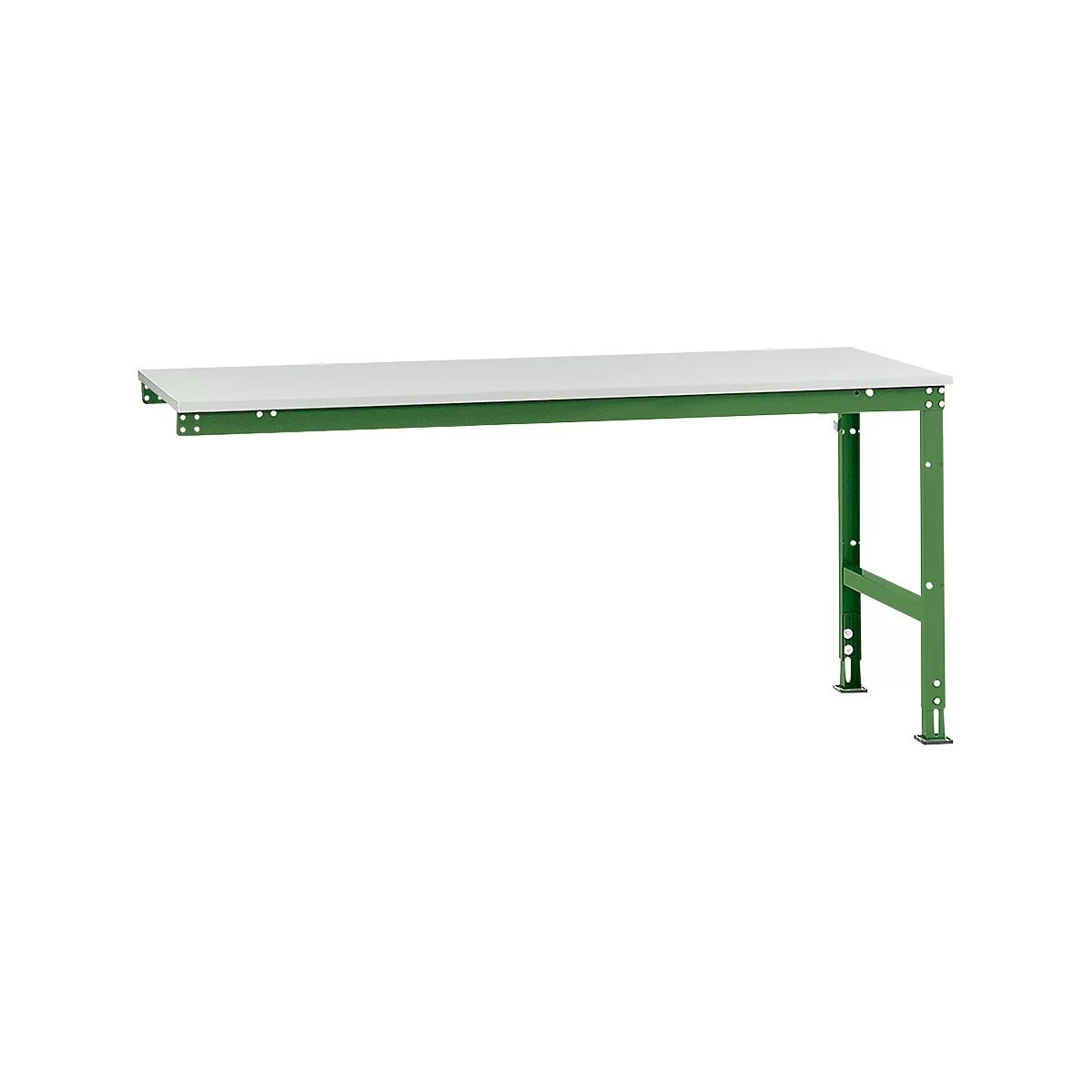 Workbench with a white worktop and green frame. It stands against a white background.