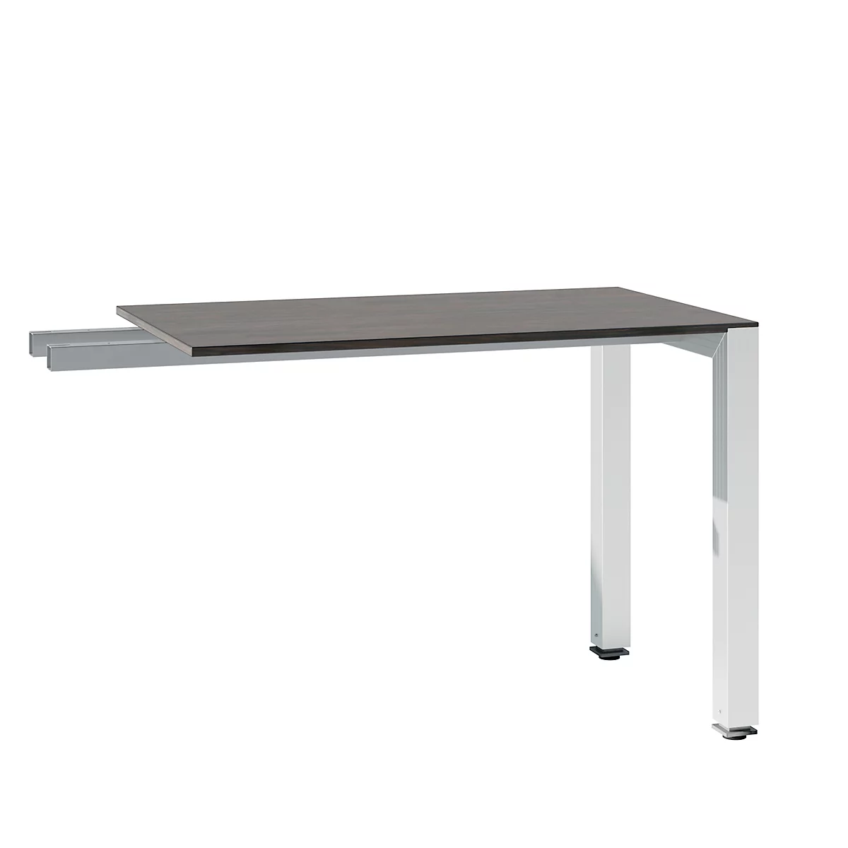 A desk with a dark tabletop supported by white metal legs. The tabletop is slightly extended.