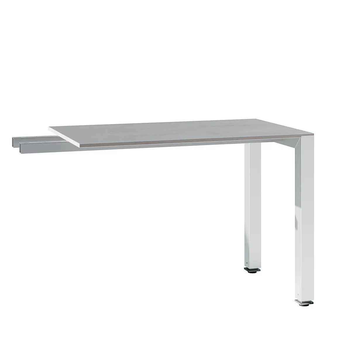 Gray rectangular table with white legs. Table top on the left, two white legs on the right.