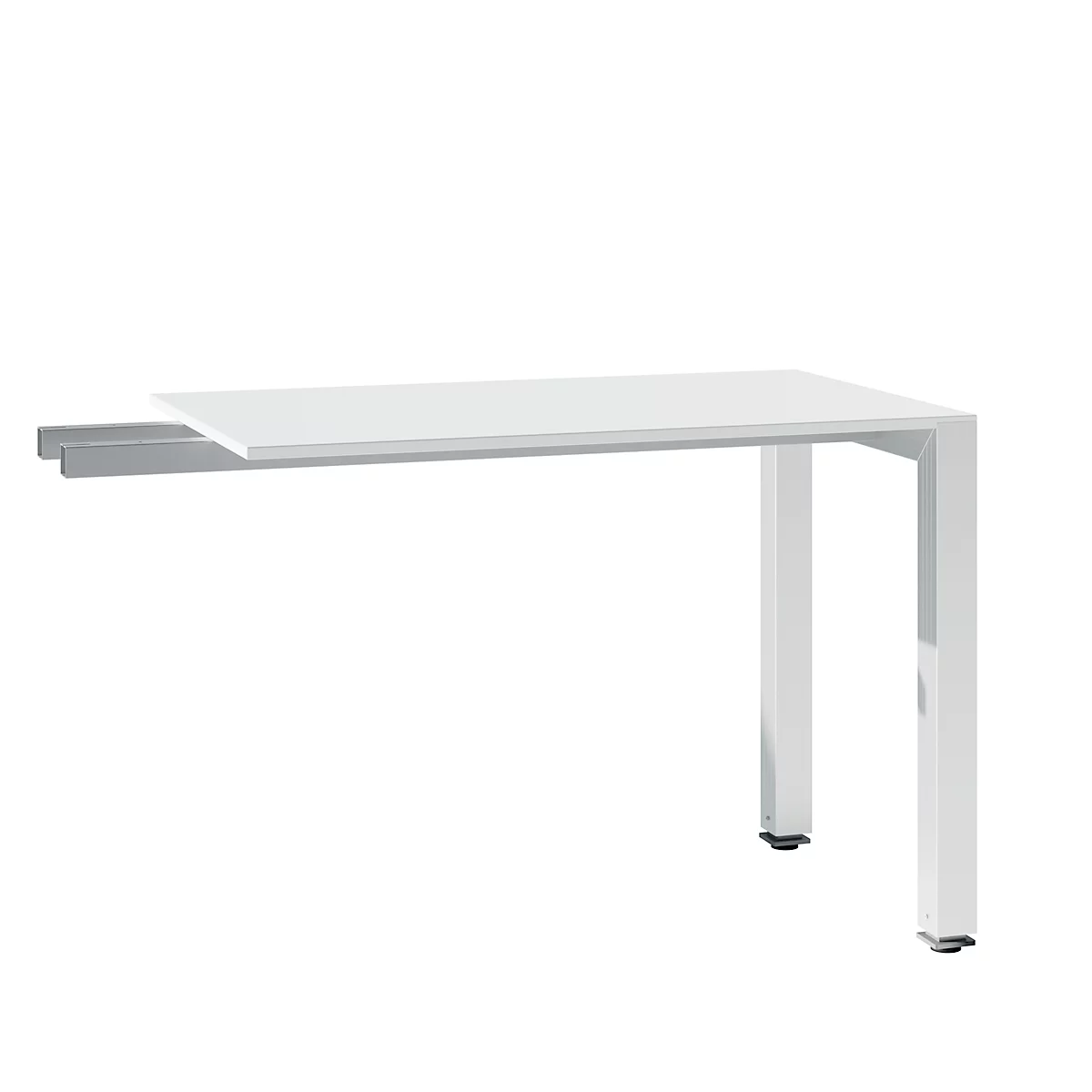 White desk with a straight work surface attached to a gray frame and an angular frame made of two legs.