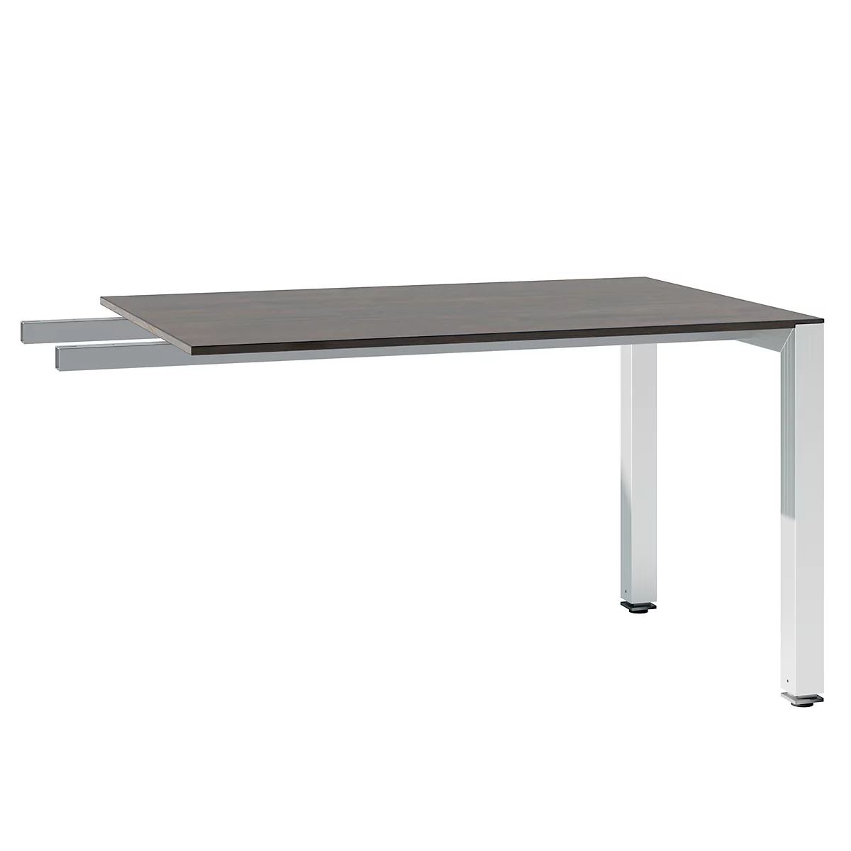 A rectangular gray table with white legs. The tabletop extends beyond the legs on one side.