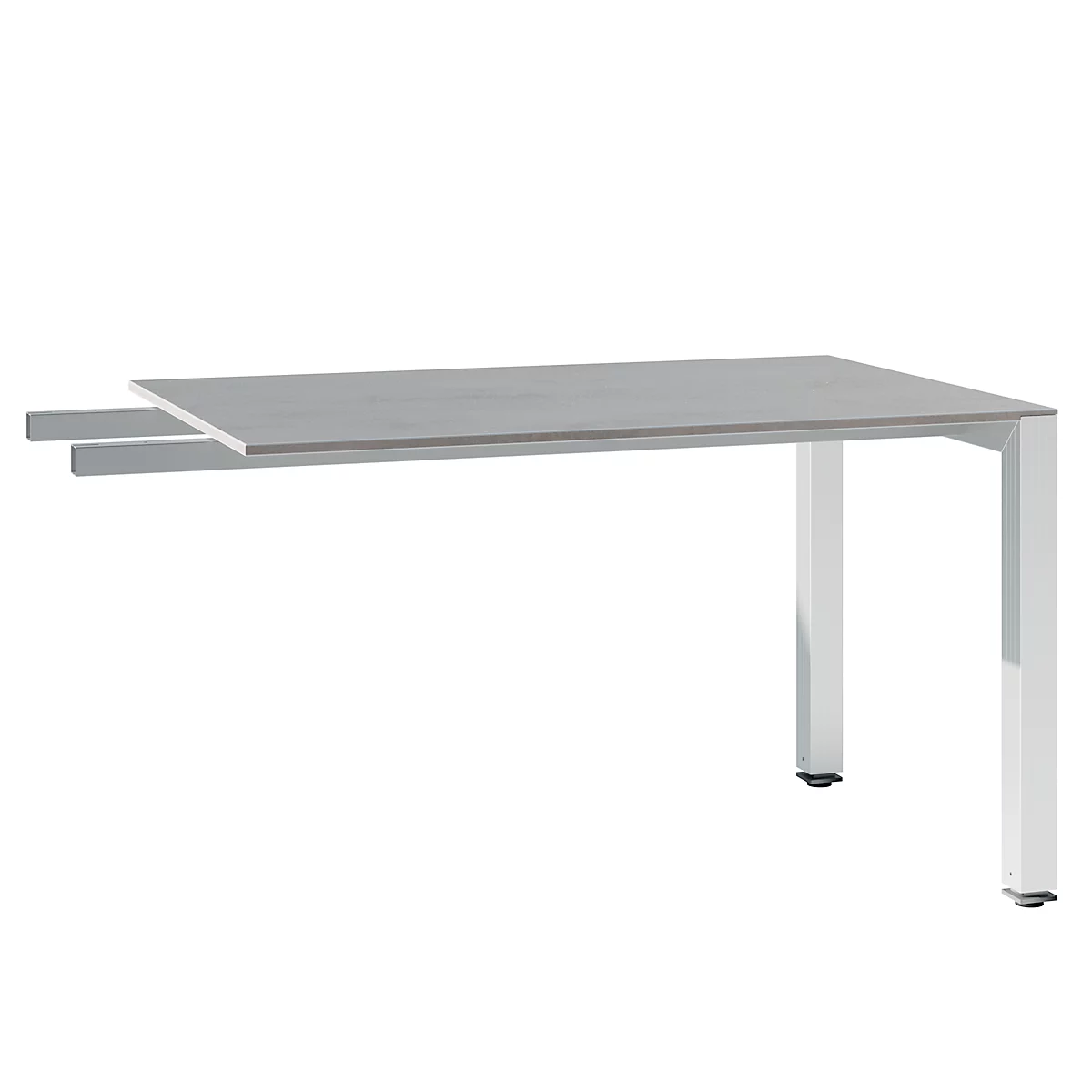 A grey table with white legs stands on a white background. The tabletop extends beyond the legs on one side.