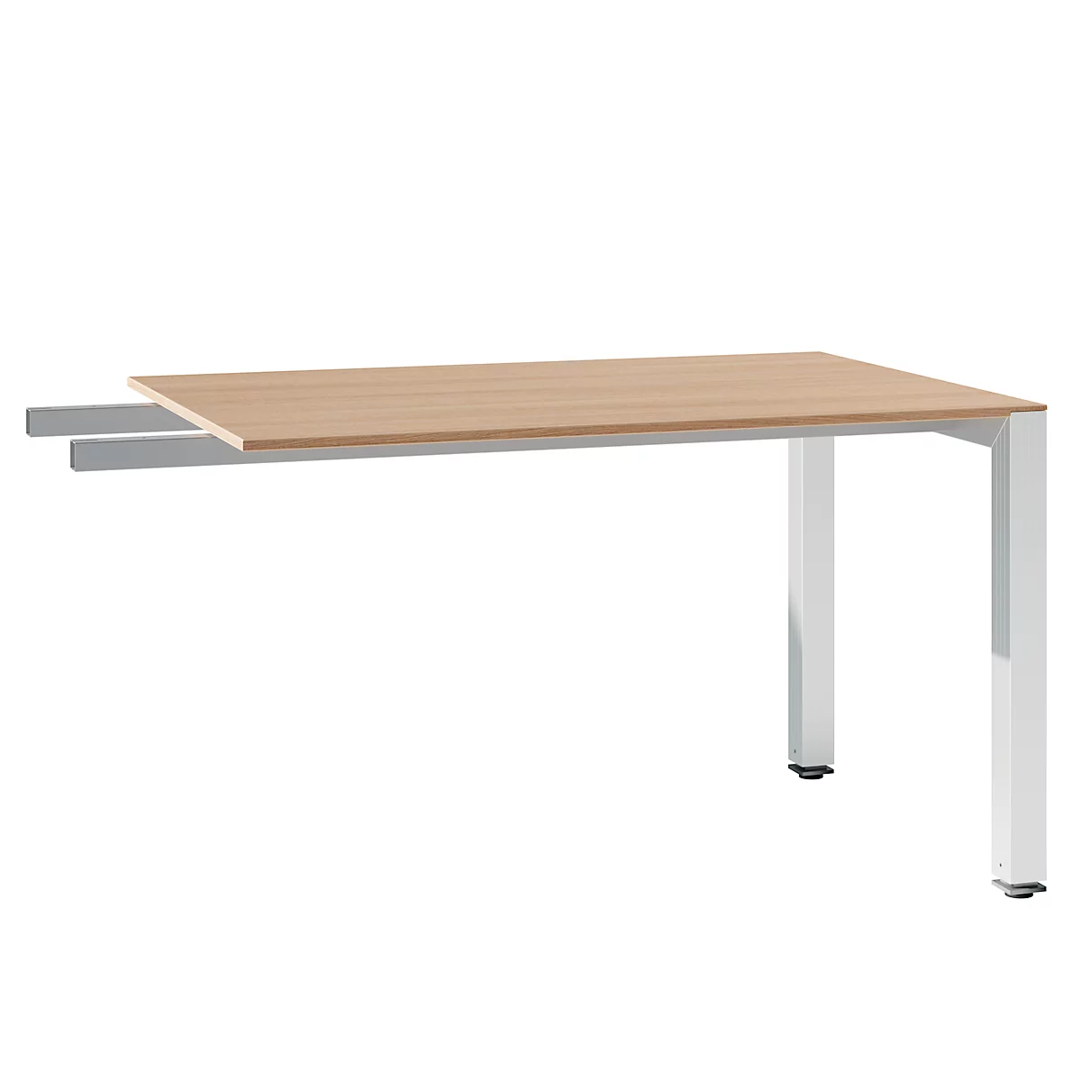 A freestanding desk with light wood top and white legs, against a white background.