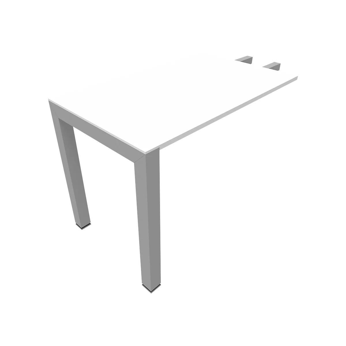 White table with grey legs. The perspective shows a diagonal view.
