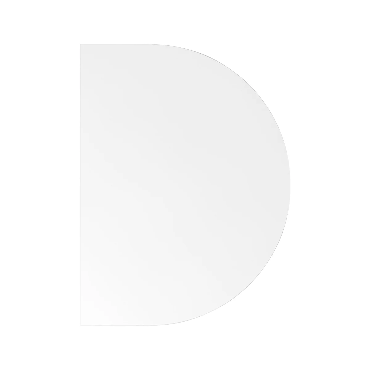 White table, semi-circular. One side is straight, the other rounded.