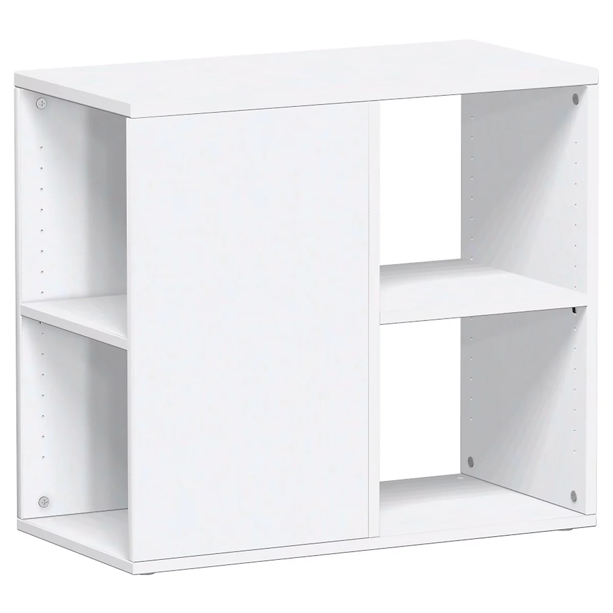 White shelf with open and closed compartments.