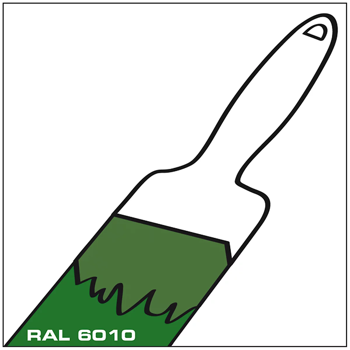 Paintbrush with bristles labeled RAL 6010. White handle, green brush head with jagged line.