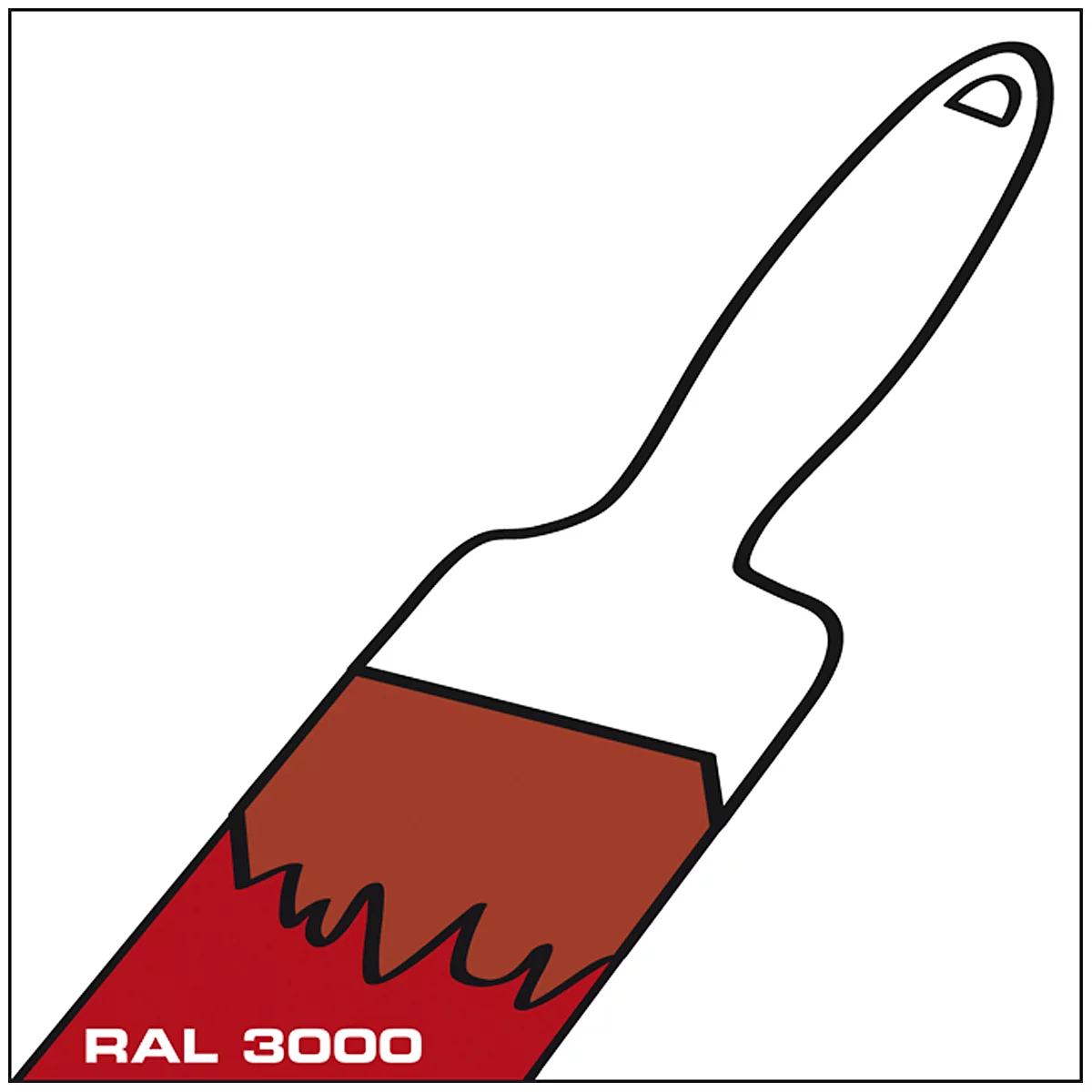 Paintbrush with red paint, color code RAL 3000. The brush is shown at an angle.