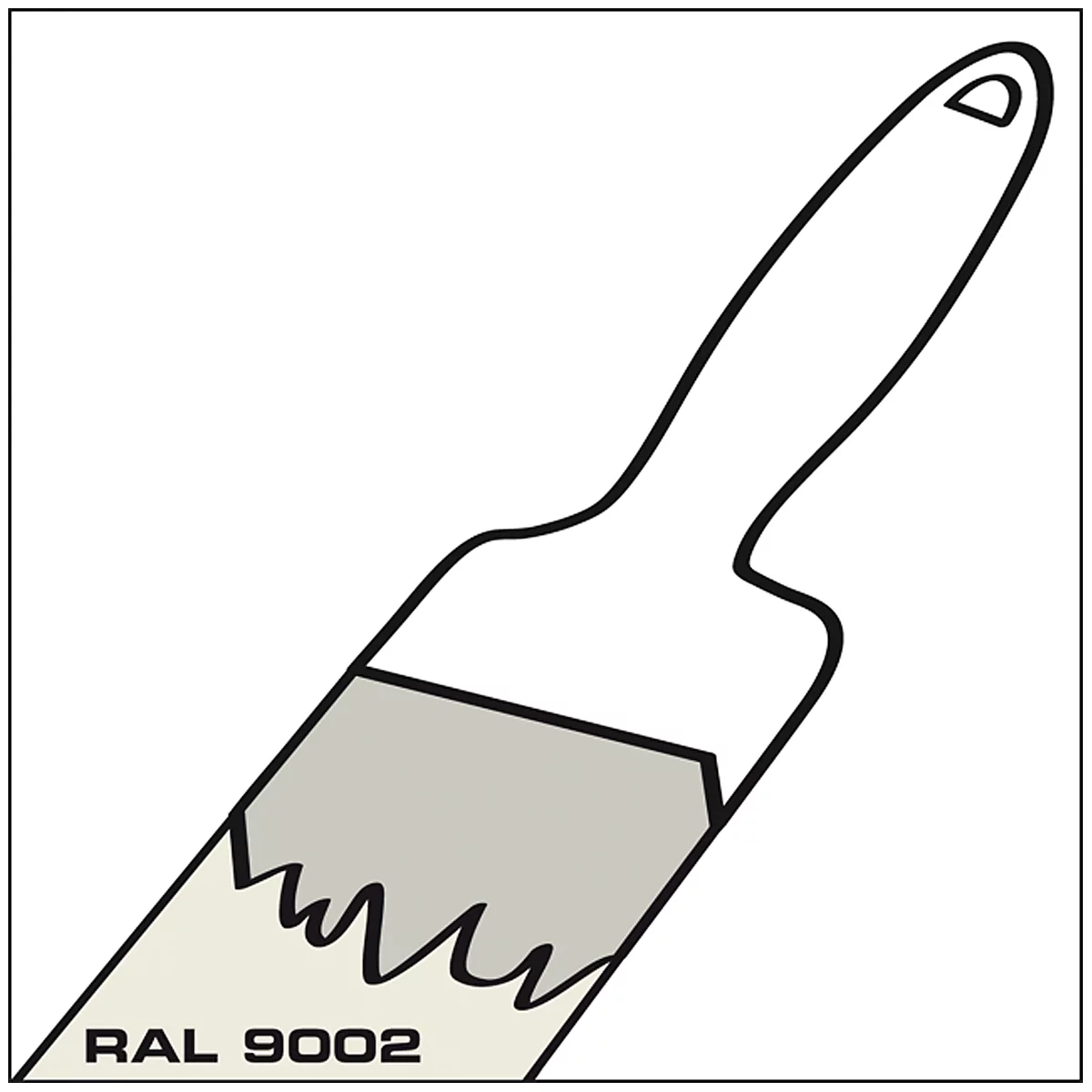 Paintbrush with white handle and rectangular, gray bristle area; below it reads "RAL 9002".