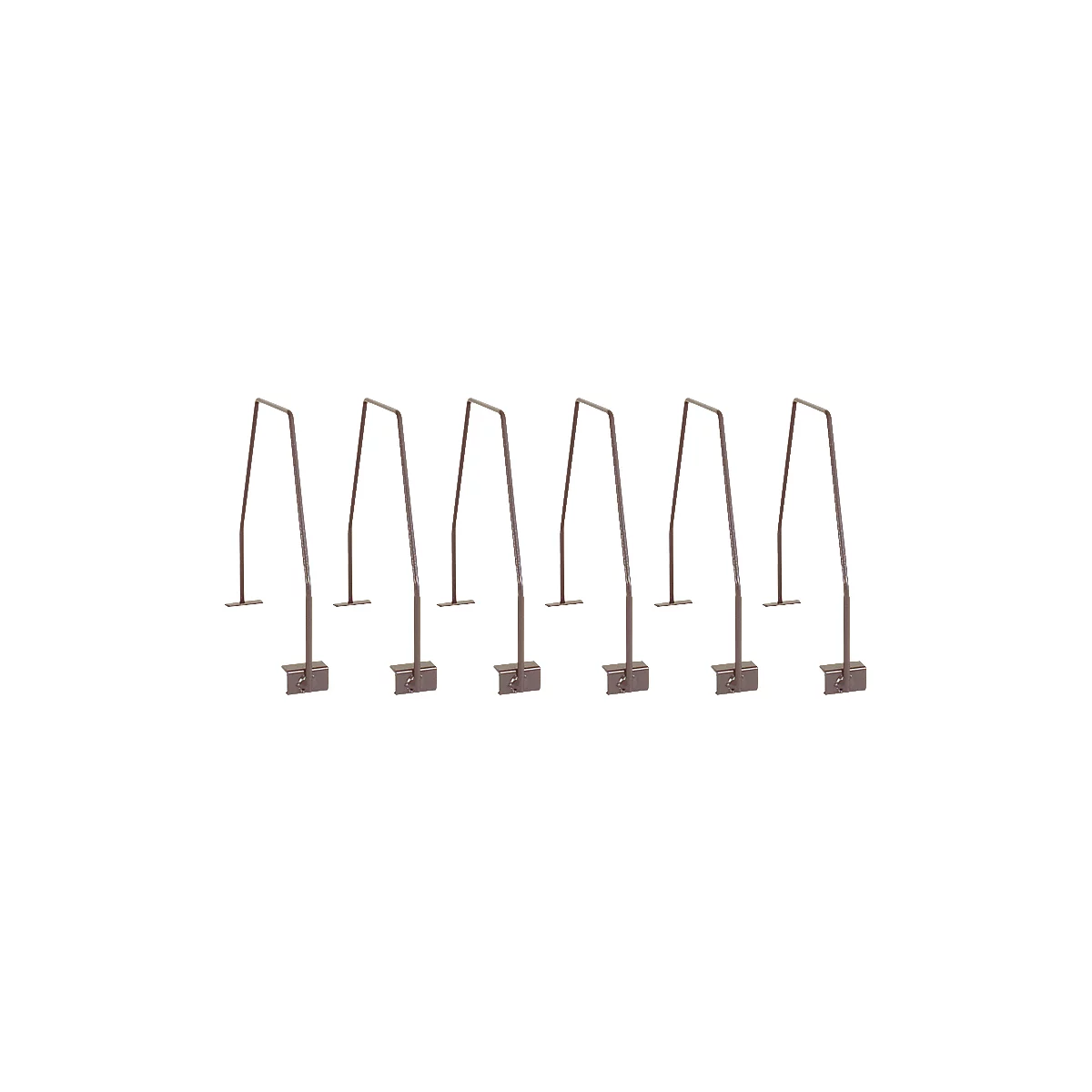 Six metal brackets, each with a rectangular base, a curved upright and a horizontal top.