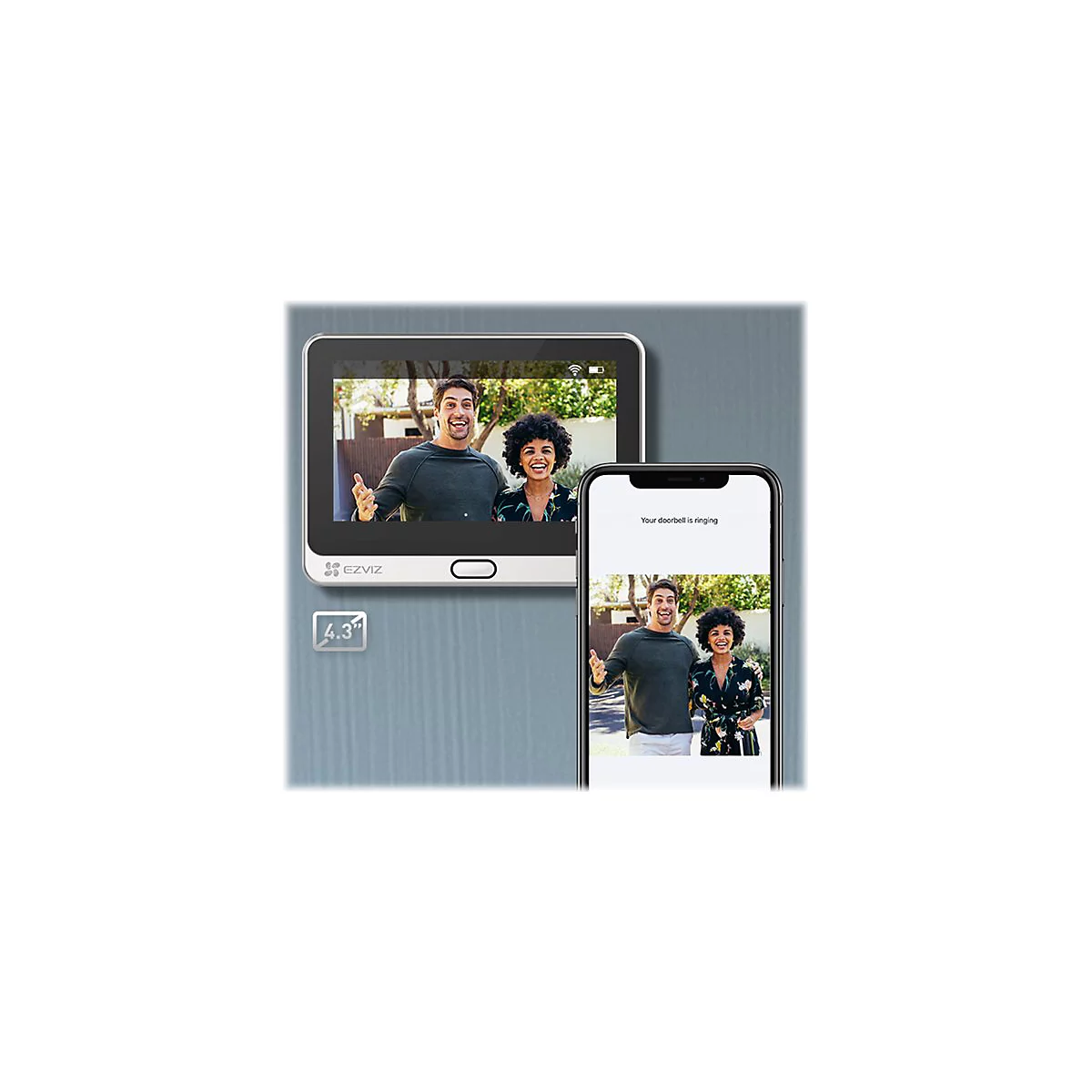 Überwachungsbildschirm mit zwei Personen, Smartphone zeigt gleiches Bild. Text: Your doorbell is ringing.