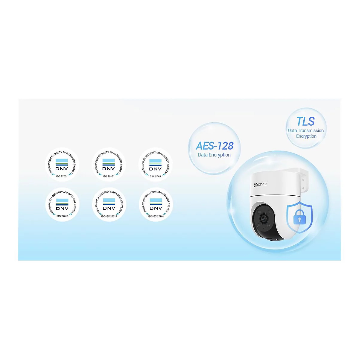 Eine weiße Sicherheitskamera mit Logos wie DNV und Texte wie AES-128 und TLS. Das Logo von EZVIZ ist ebenfalls zu sehen.