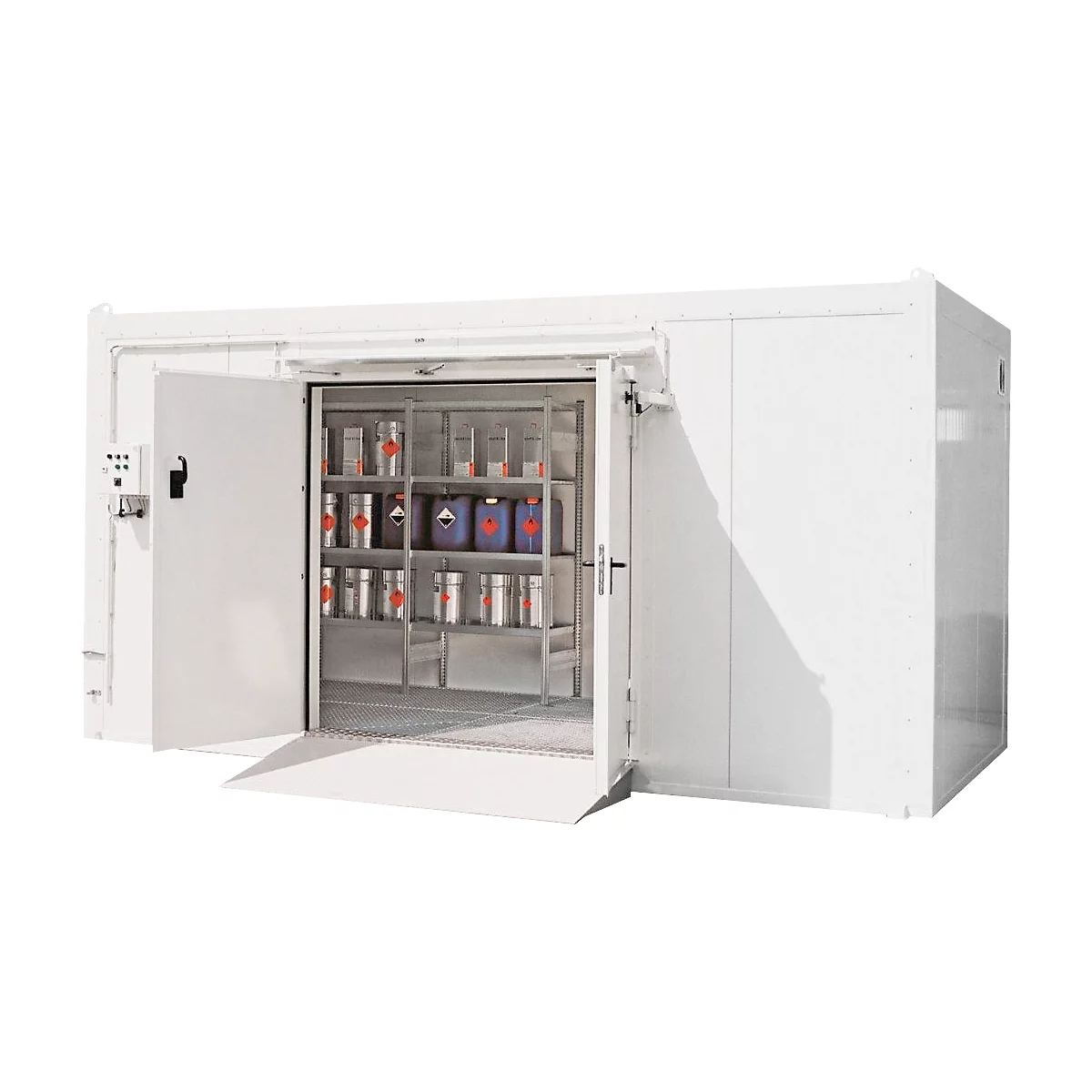 F-SAFE Gefahrstoffcontainer F90 BLS 24120 DIBt, isoliert, RAL 9002 grauweiß, B 12110 x T 2443 x H 2549 mm, 3300 l Auffangvolumen