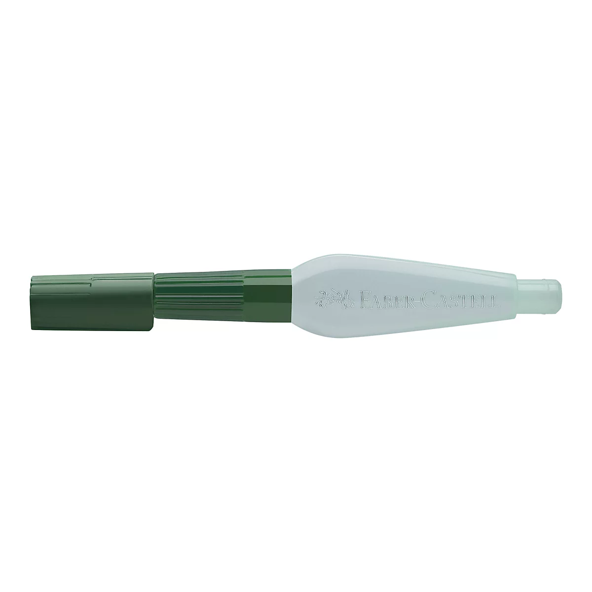 Feutre vert de Faber-Castell, horizontalement sur fond blanc. Le stylo a un corps vert foncé et une pointe vert clair.