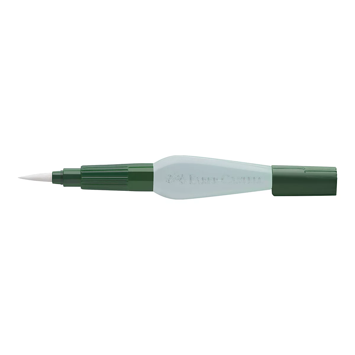 Un feutre pinceau Faber-Castell vert avec une pointe pinceau blanche et une partie centrale gris clair.