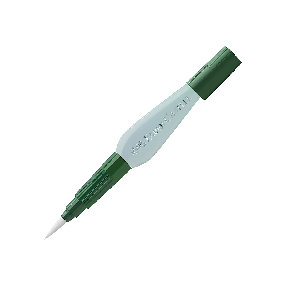Un feutre pinceau Faber-Castell vert sur fond blanc. Le feutre a un capuchon vert et un manche bleu clair avec "Faber-Castell" écrit dessus. La pointe est blanche.