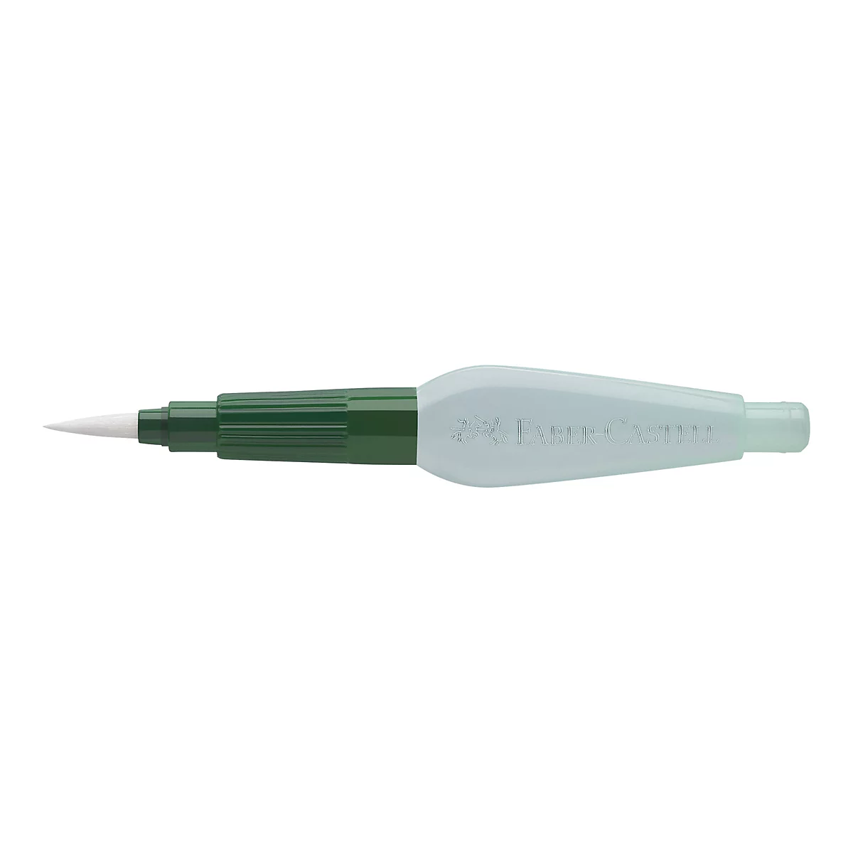 Feutre pinceau Faber-Castell vert clair, pointe blanche, lettrage sur corps de stylo bleu clair.