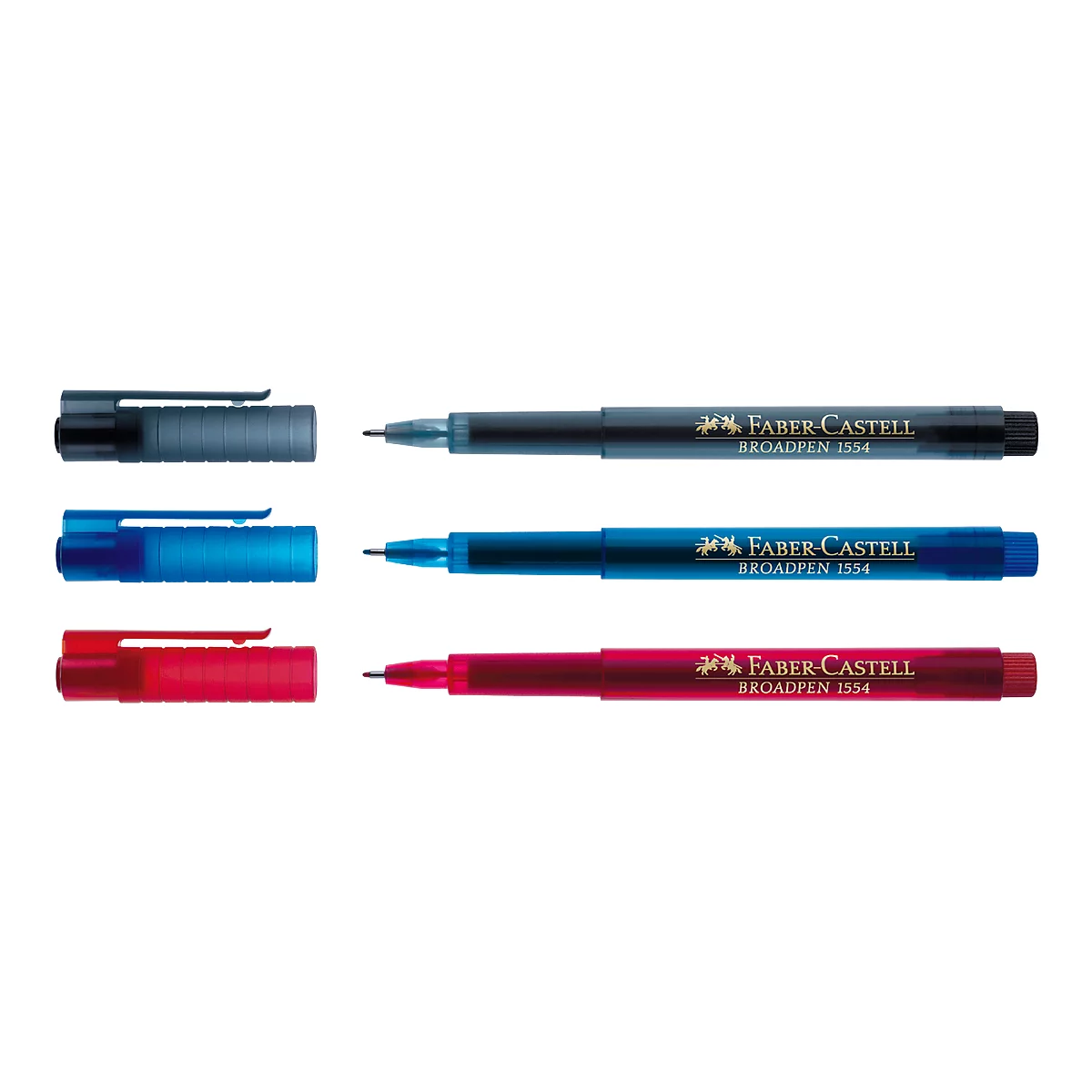 Drei Faber-Castell Broadpen 1554 Stifte: Schwarz, Blau und Rot. Deckel und Schriftzüge auf dem Schaft erkennbar.