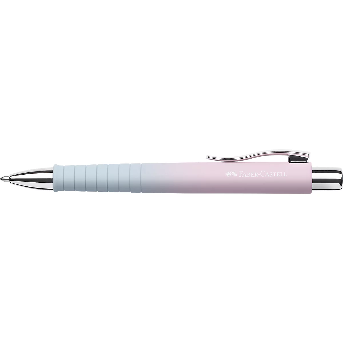 Pastellrosa Kugelschreiber mit hellblauer Griffzone, silbernem Clip und Faber-Castell-Logo vor weißem Hintergrund.