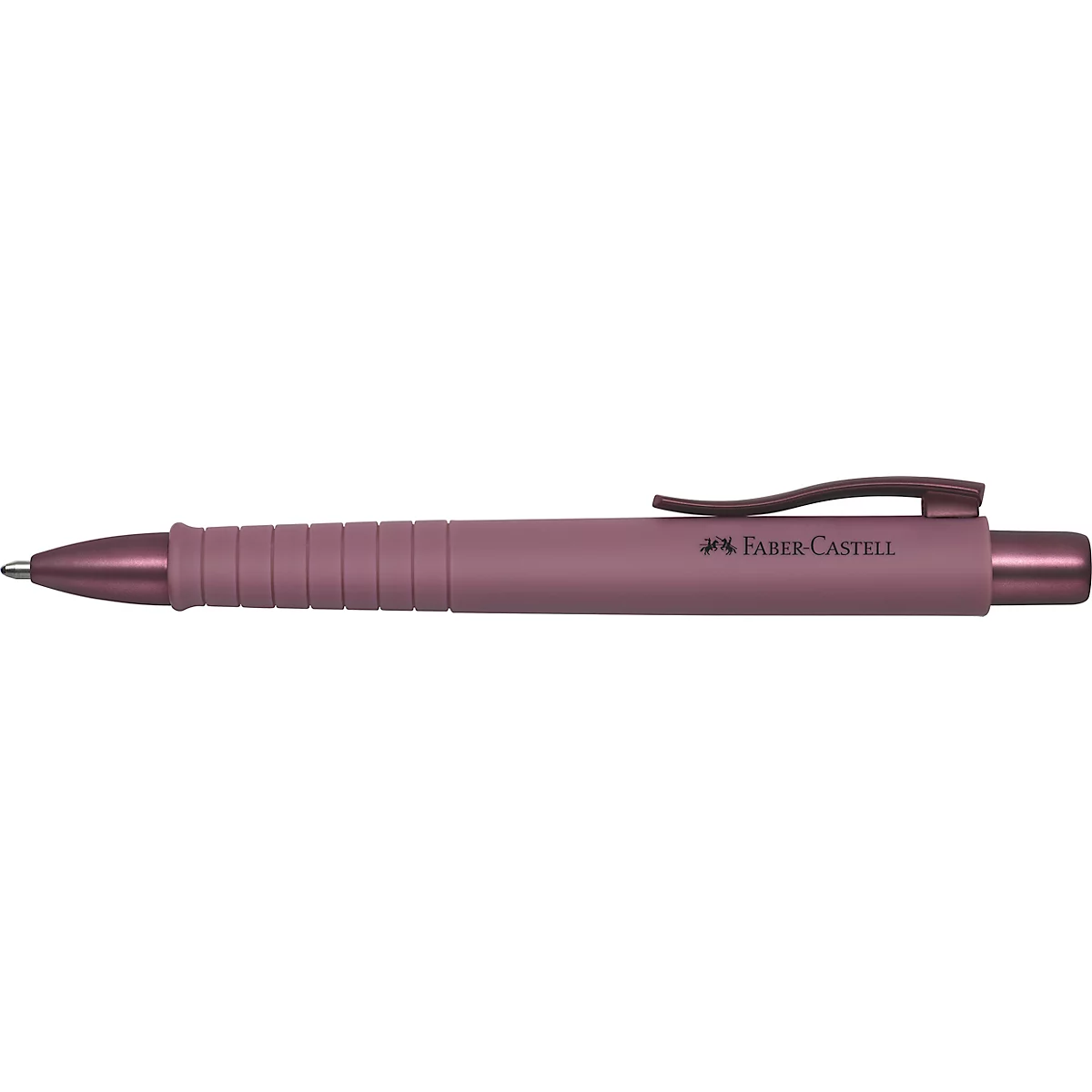 Ein dunkelroter Faber-Castell Kugelschreiber. Sichtbar sind der Stiftkörper, die Spitze, der Clip und der Schriftzug.