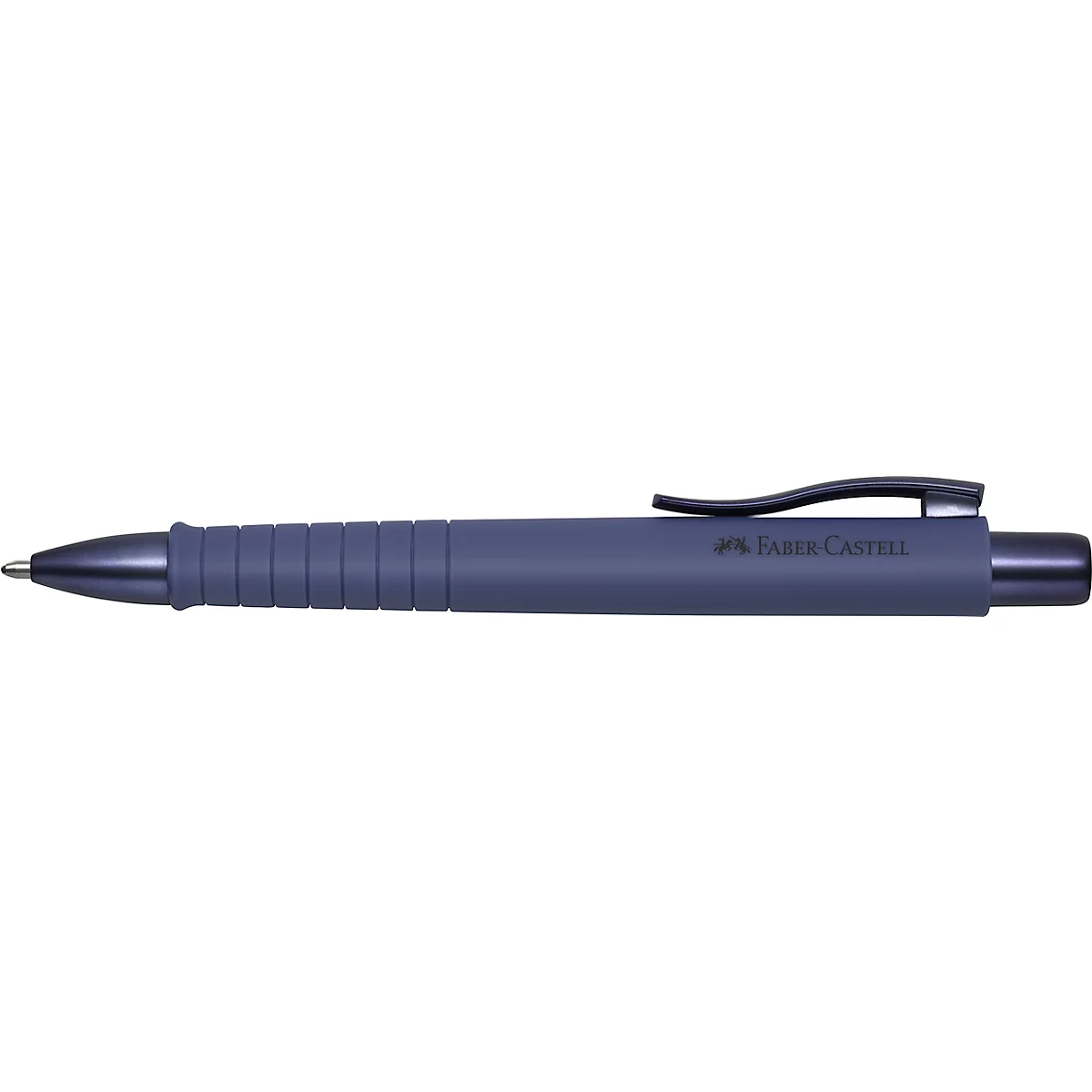 Blauer Kugelschreiber von Faber-Castell, mit Clip und geriffelter Griffzone. Aufschrift 'Faber-Castell'.