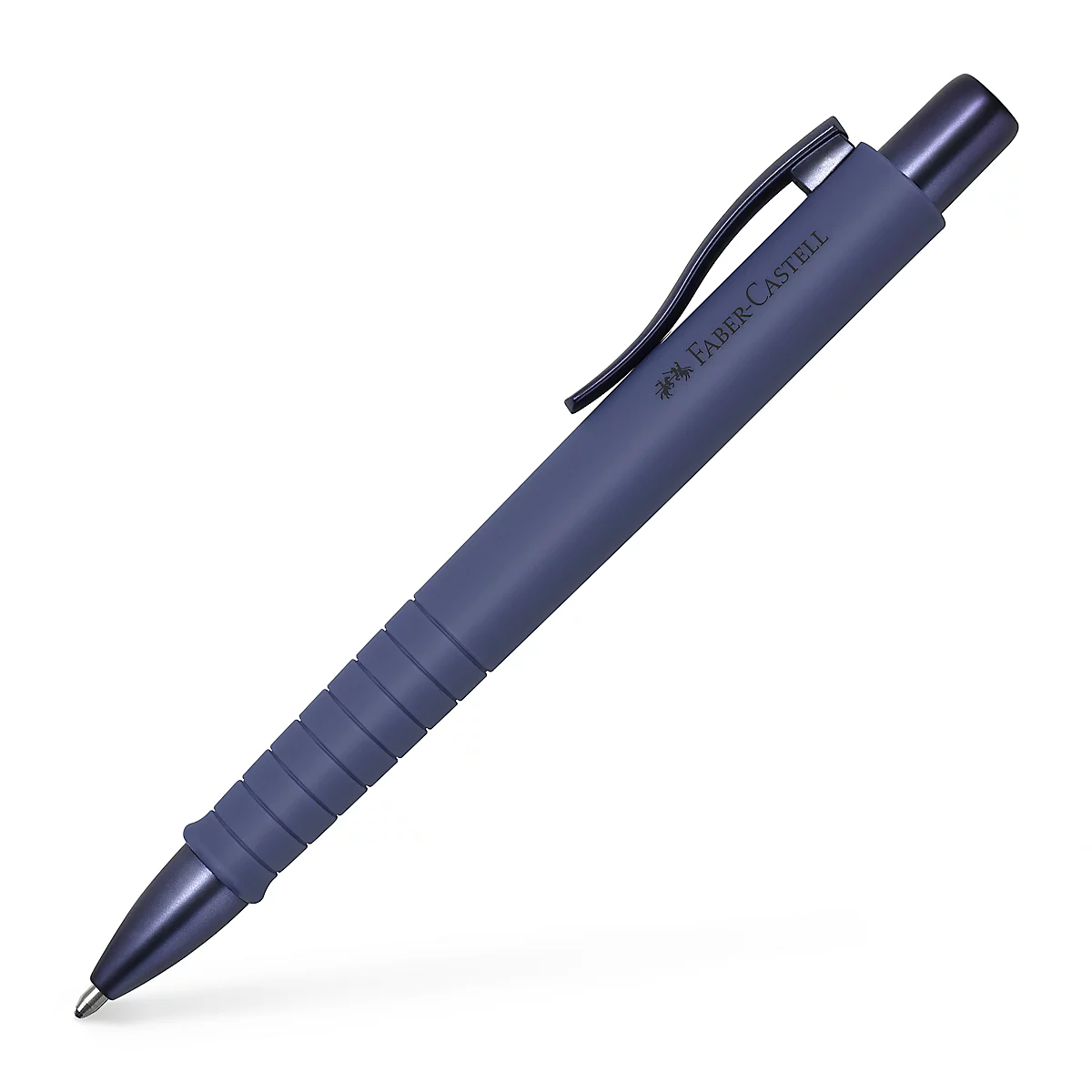 Blauer Kugelschreiber von Faber-Castell, liegt diagonal auf weißem Hintergrund.