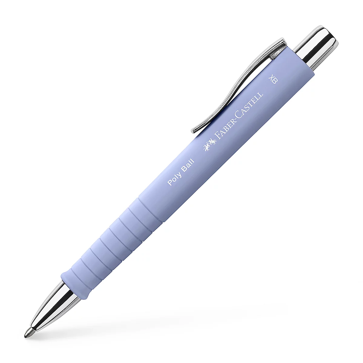 Hellblauer Faber-Castell Poly Ball Kugelschreiber. Silberne Spitze, Clip und Kappe. Griffbereich mit geriffelter Oberfläche. Schriftzug auf dem Schaft.