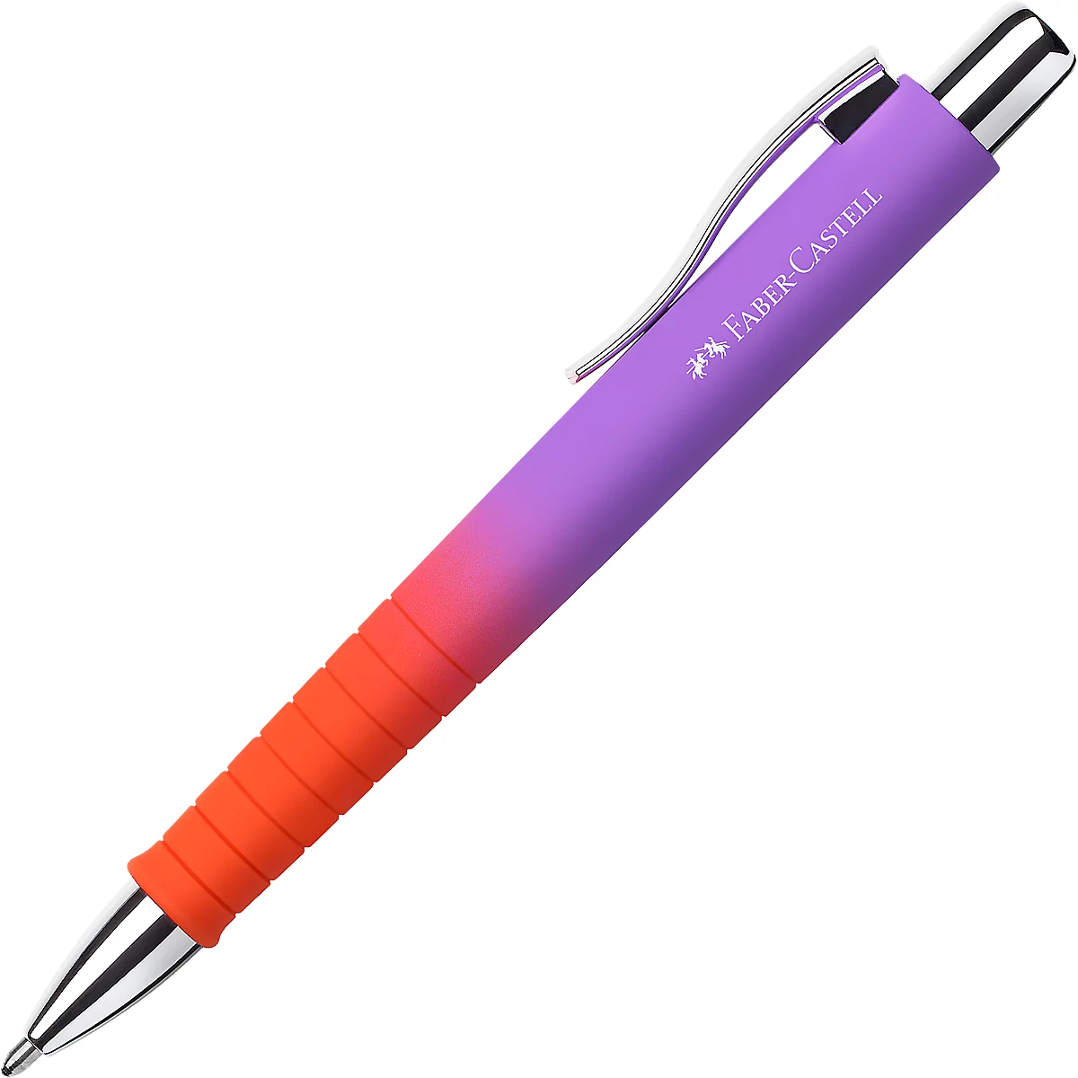 Lila-orangener Faber-Castell Kugelschreiber mit geriffeltem Griffstück vor weißem Hintergrund.