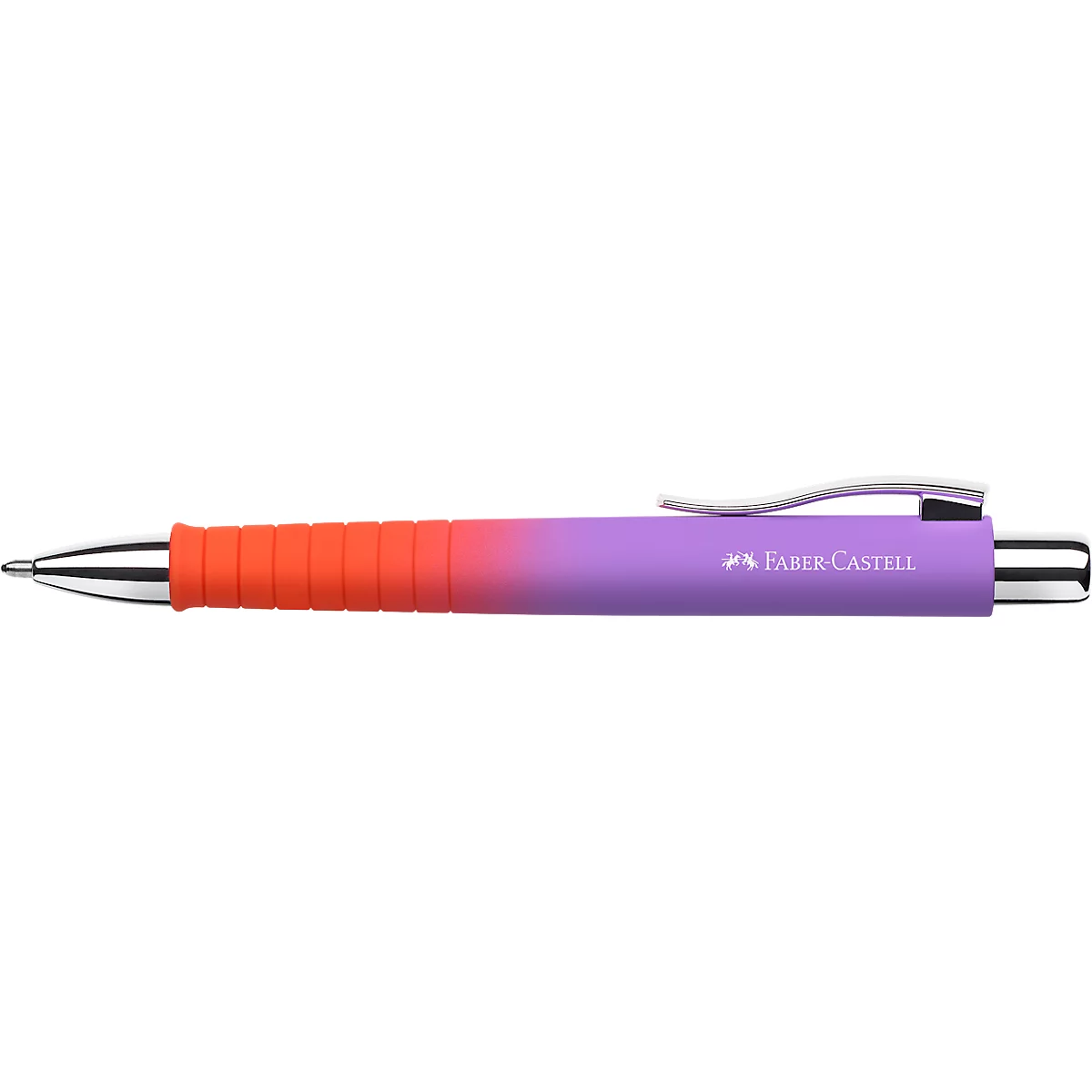 Kugelschreiber von Faber-Castell mit orangefarbener Griffzone und lilafarbenem Gehäuse vor weißem Hintergrund.