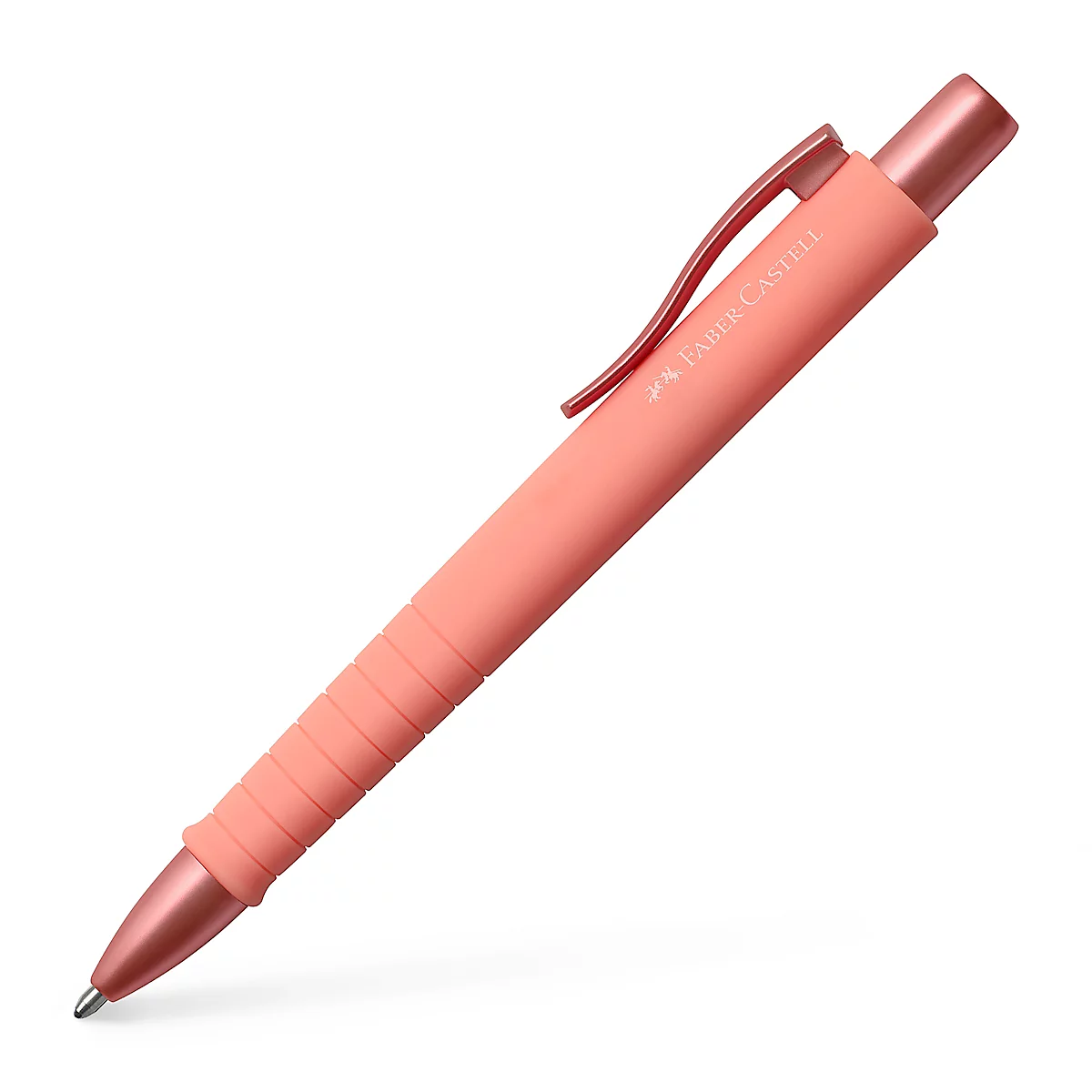 Korallenfarbener Kugelschreiber, Faber-Castell-Logo, Clip und Griffdetails.