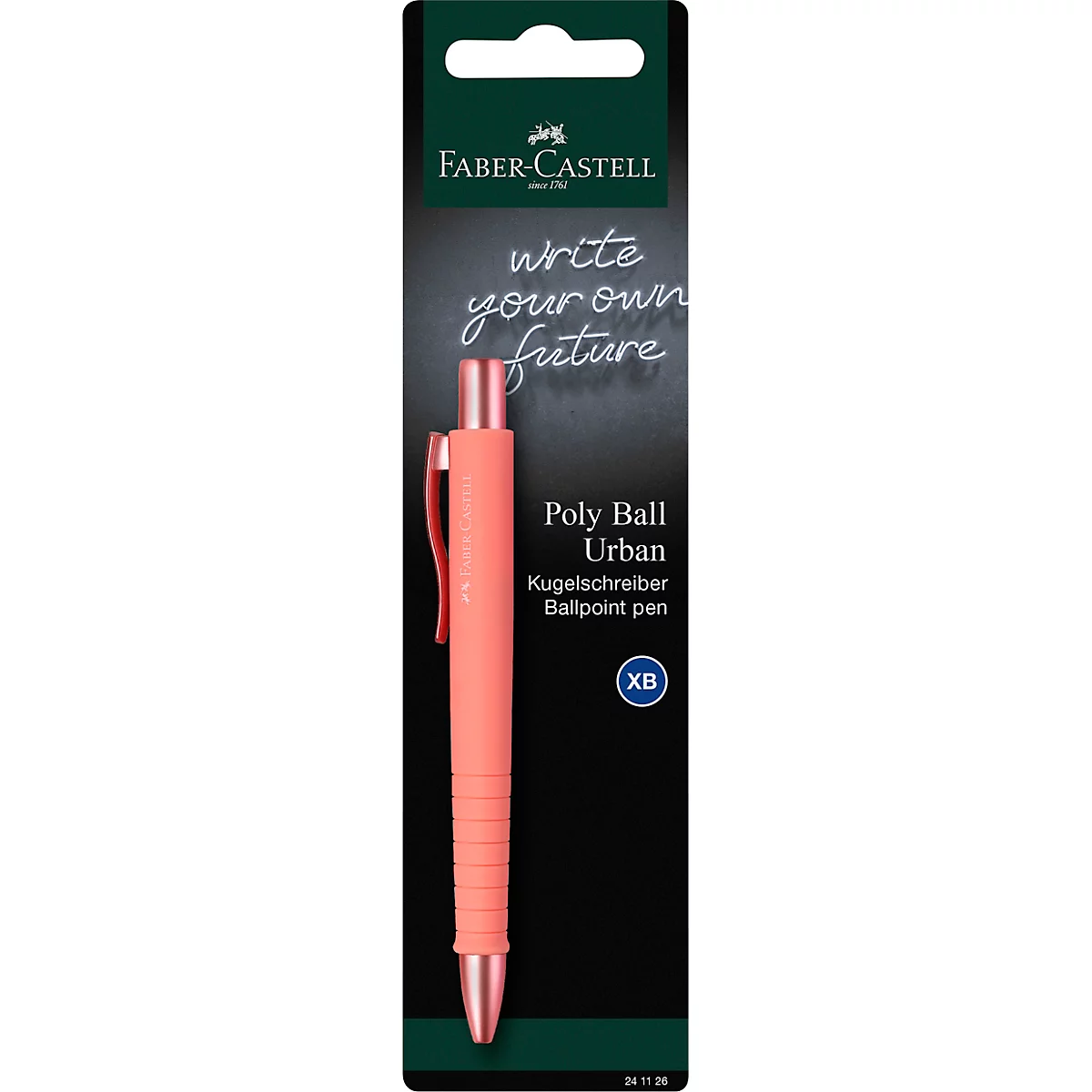 Kugelschreiber der Marke Faber-Castell. Lachsfarbener Stift mit schwarzem Hintergrund. Aufschrift "Write your own future".