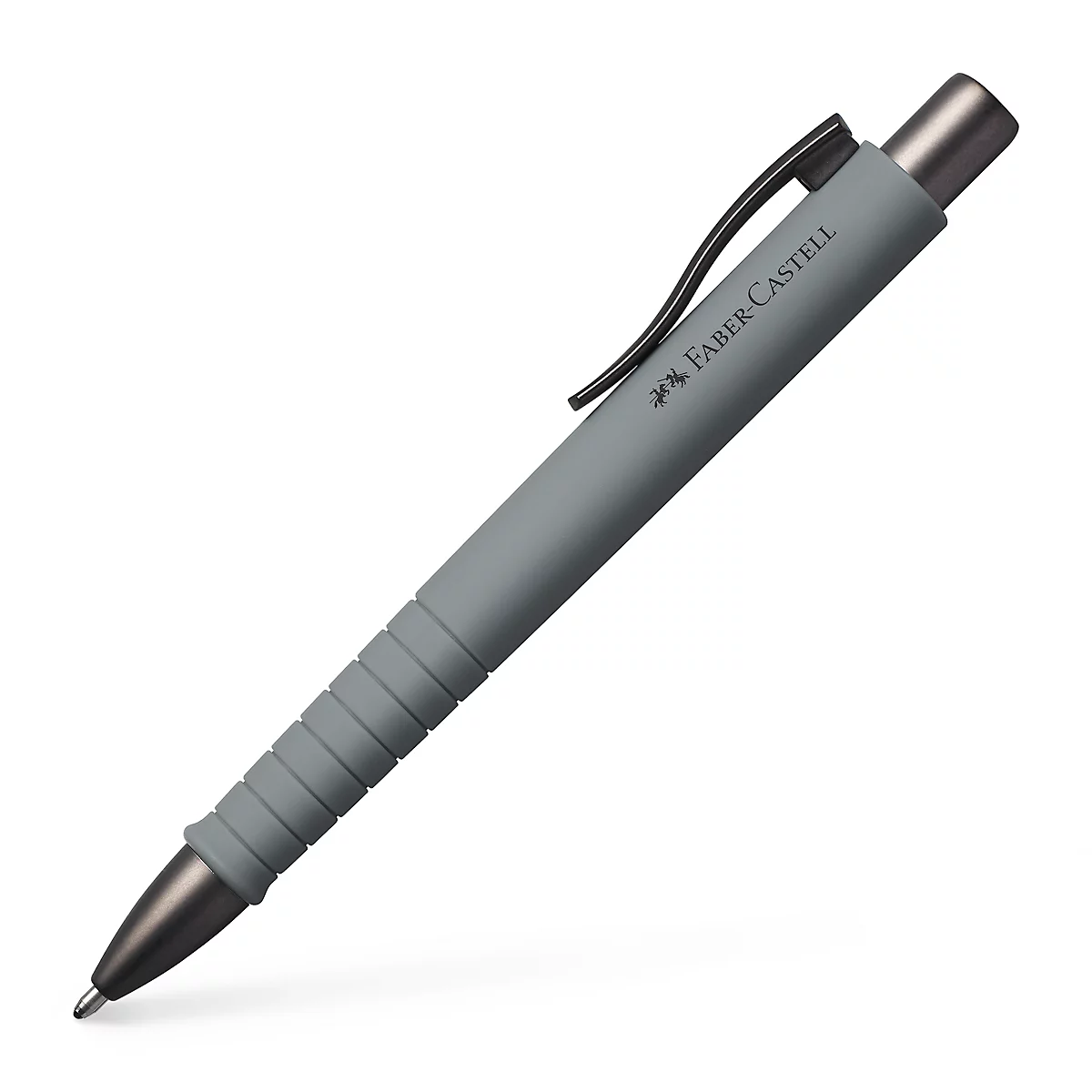 Grijze Faber-Castell balpen met clip en belettering. De pen heeft een geribbelde gripzone.