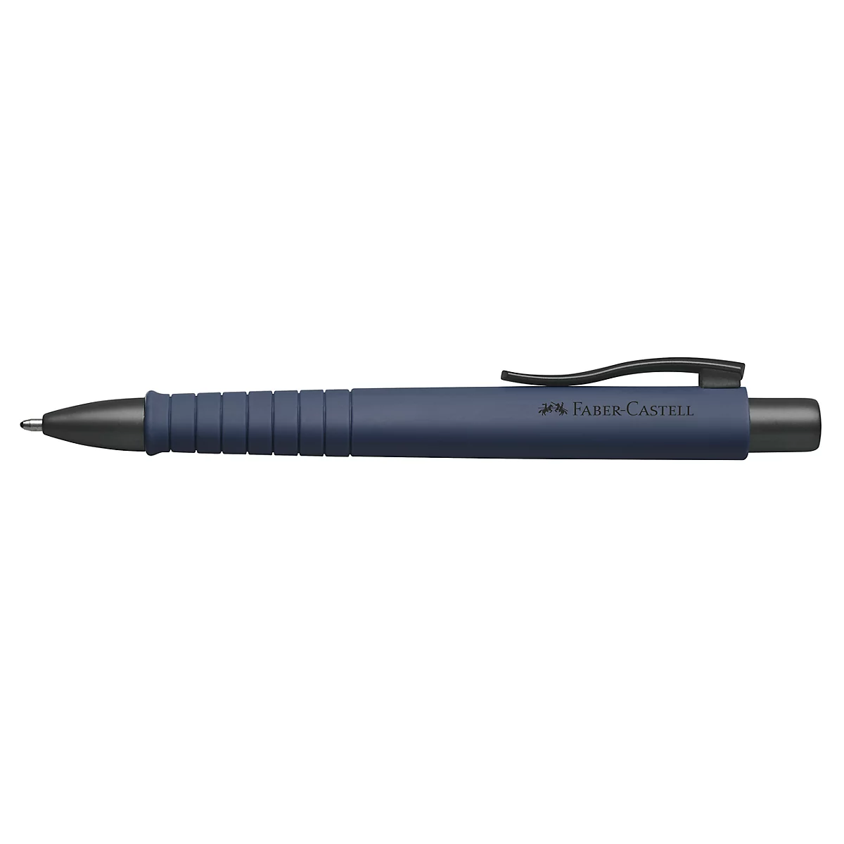 Blauwe balpen met zwarte clip en het Faber-Castell logo.