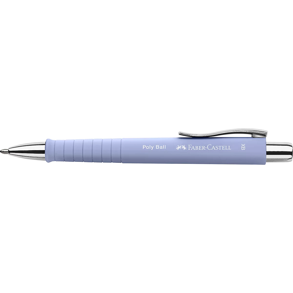Lichtblauwe Faber-Castell Poly Ball pen met zilverkleurige accenten. Opschrift: Poly Ball, Faber-Castell.