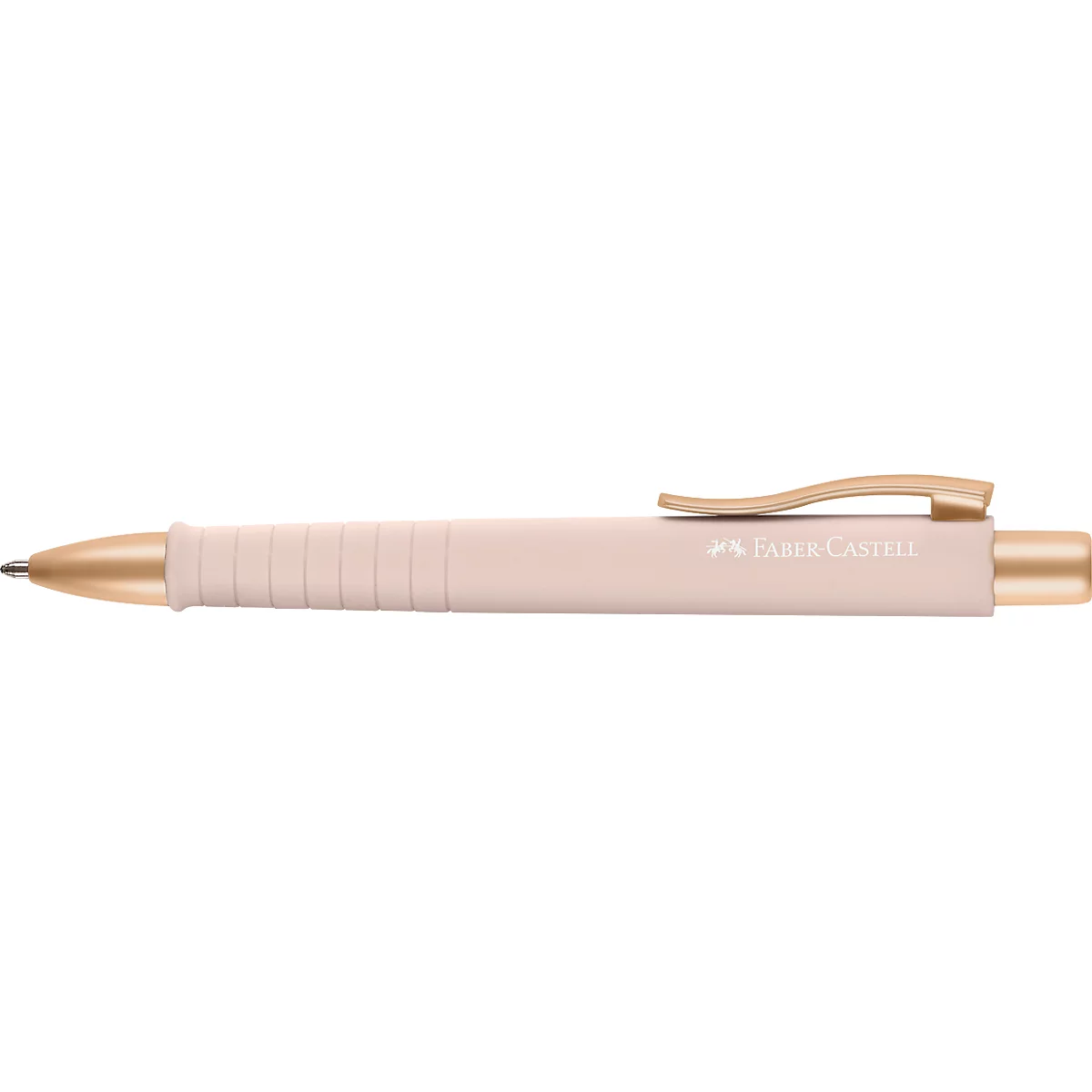 Lichtroze balpen met gouden elementen, opschrift Faber-Castell.