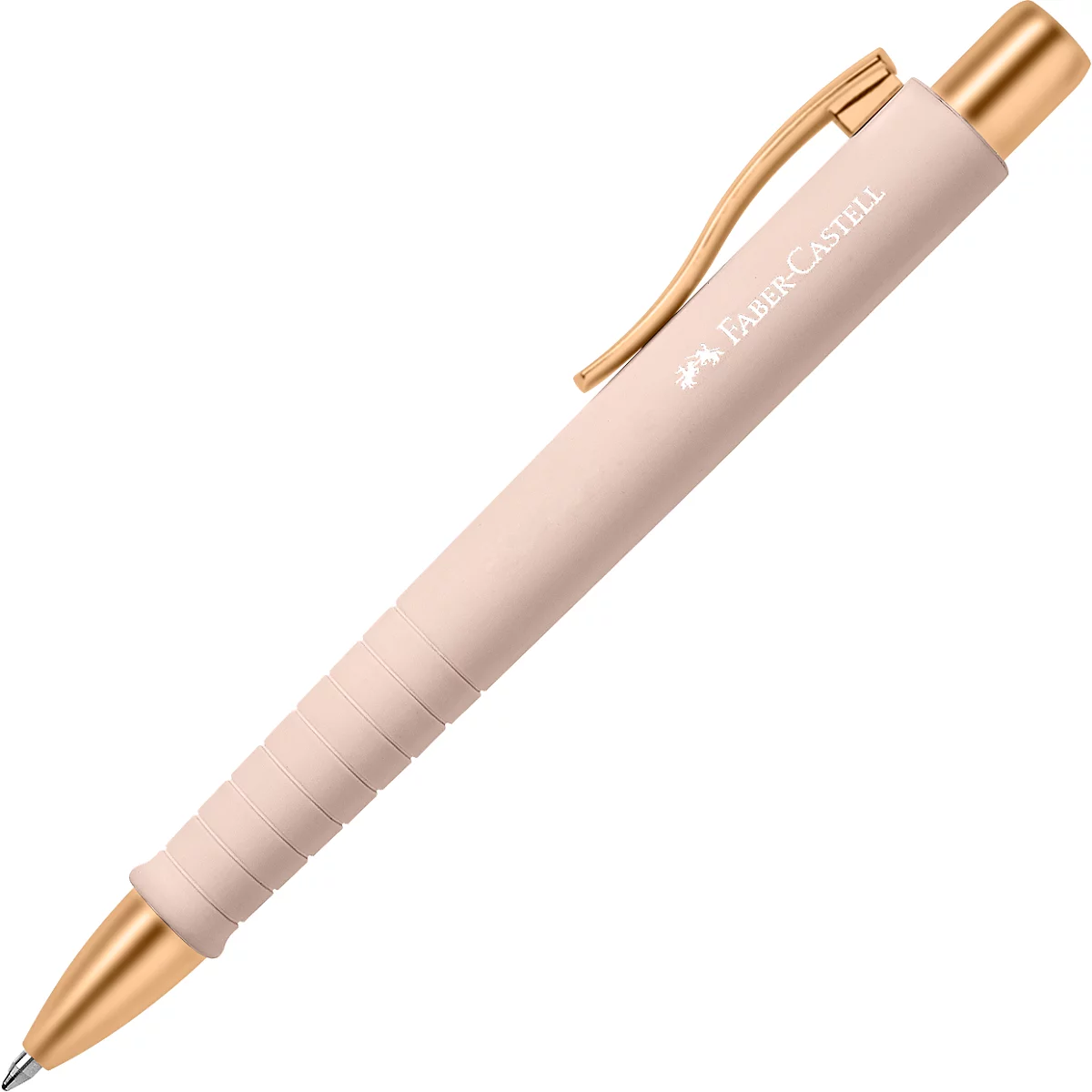 Beige balpen met gouden elementen. De pen heeft een clip en de letters Faber-Castell.