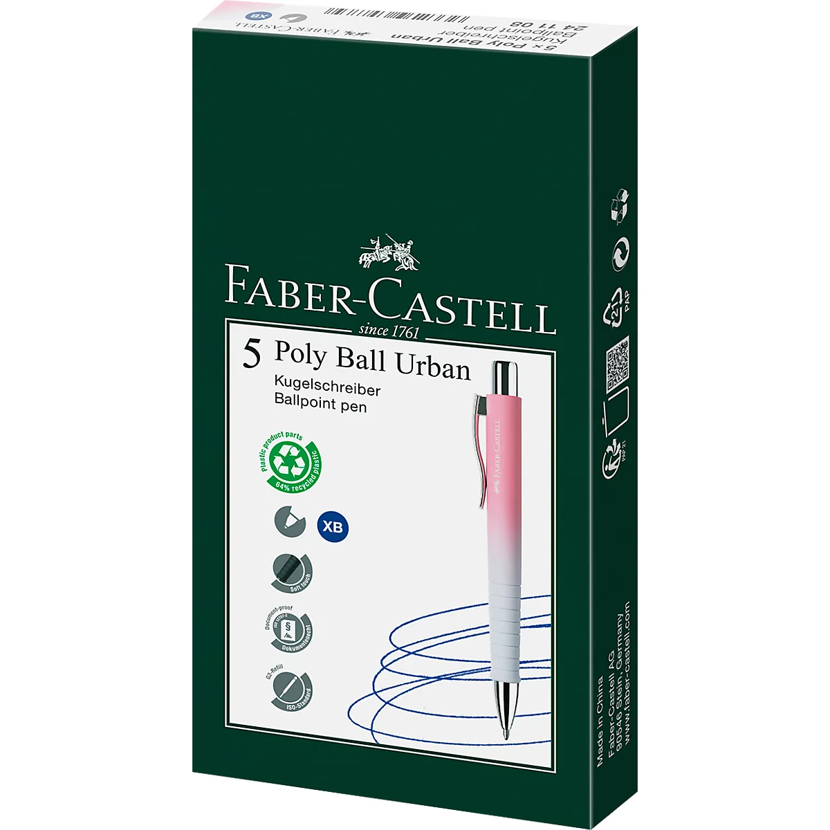 Een groene Faber-Castell verpakking met een roze balpen. De woorden 'Poly Ball Urban' en 'balpen' zijn zichtbaar.