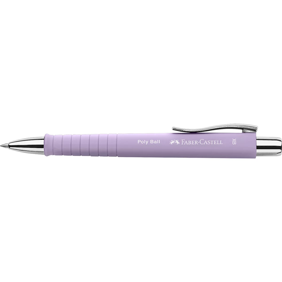 Lichtpaarse balpen. De pen heeft een zilveren clip en het opschrift "Poly Ball Faber-Castell."