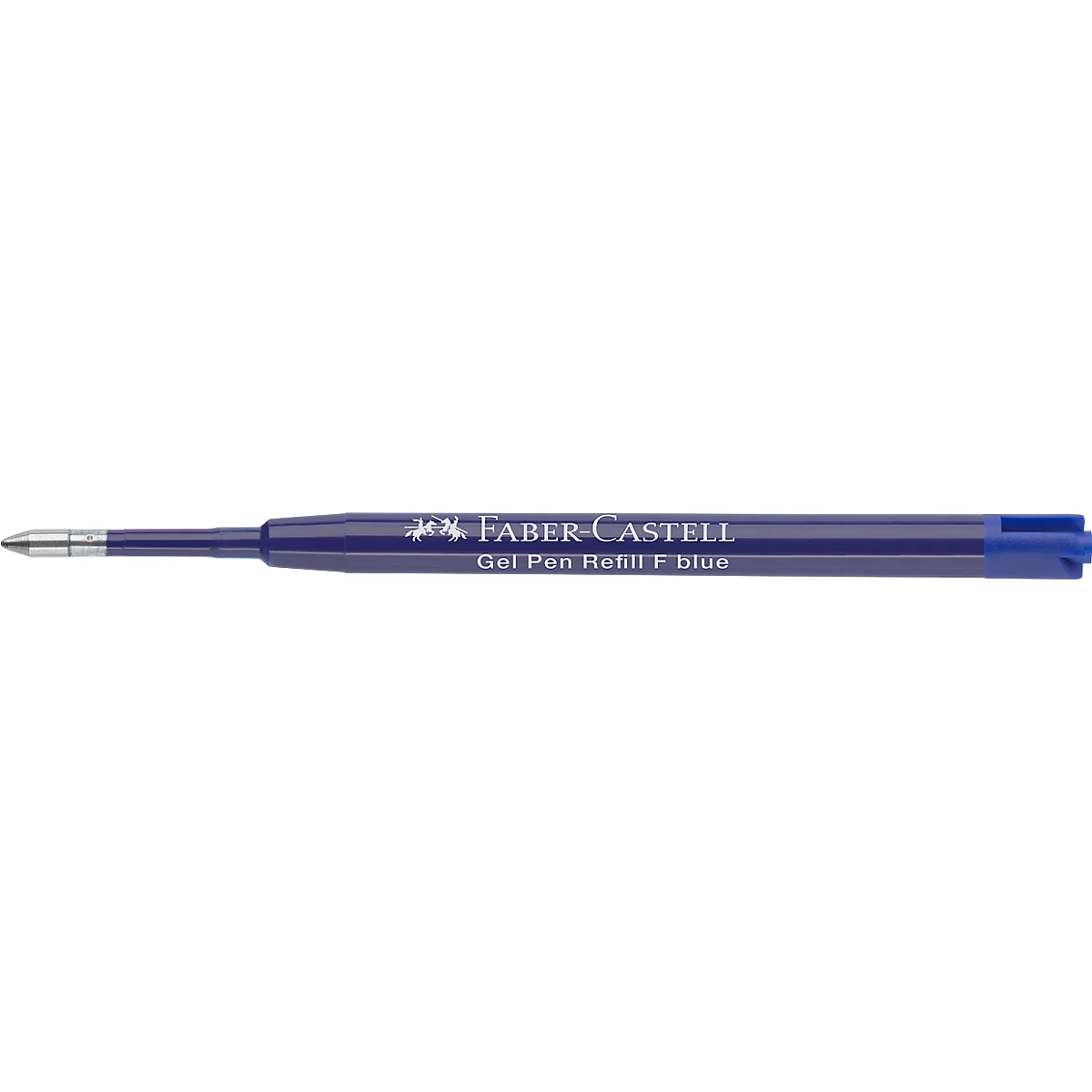 Blaue Faber-Castell Gelstift-Mine mit silberner Spitze und weißem Markenaufdruck auf horizontalem Hintergrund.