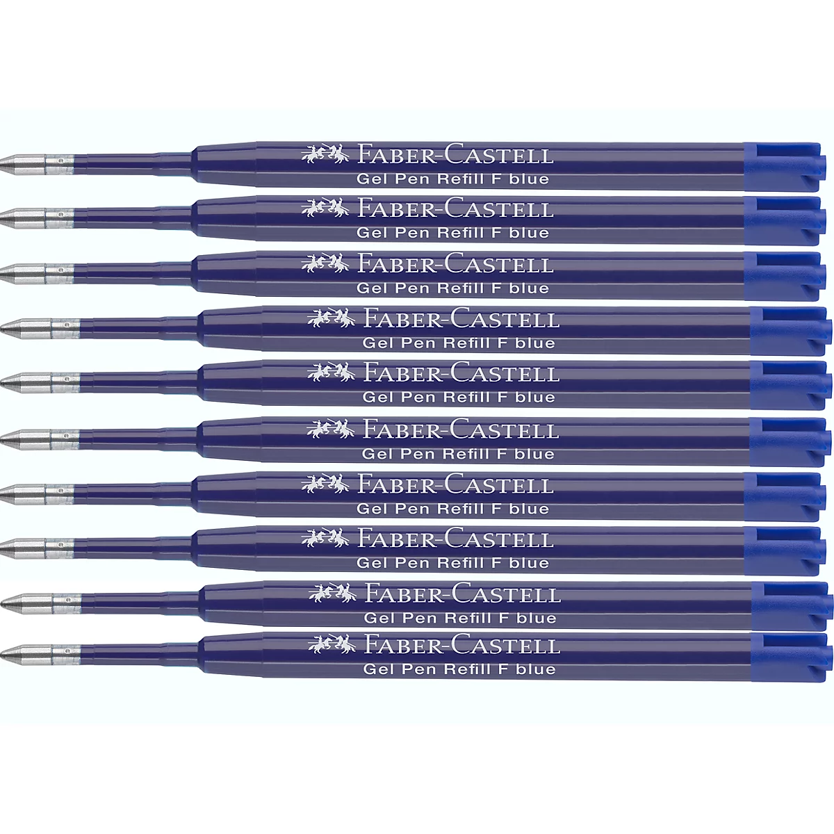 Zehn blaue Gelstift-Minen von Faber-Castell, horizontal angeordnet vor hellem Hintergrund.